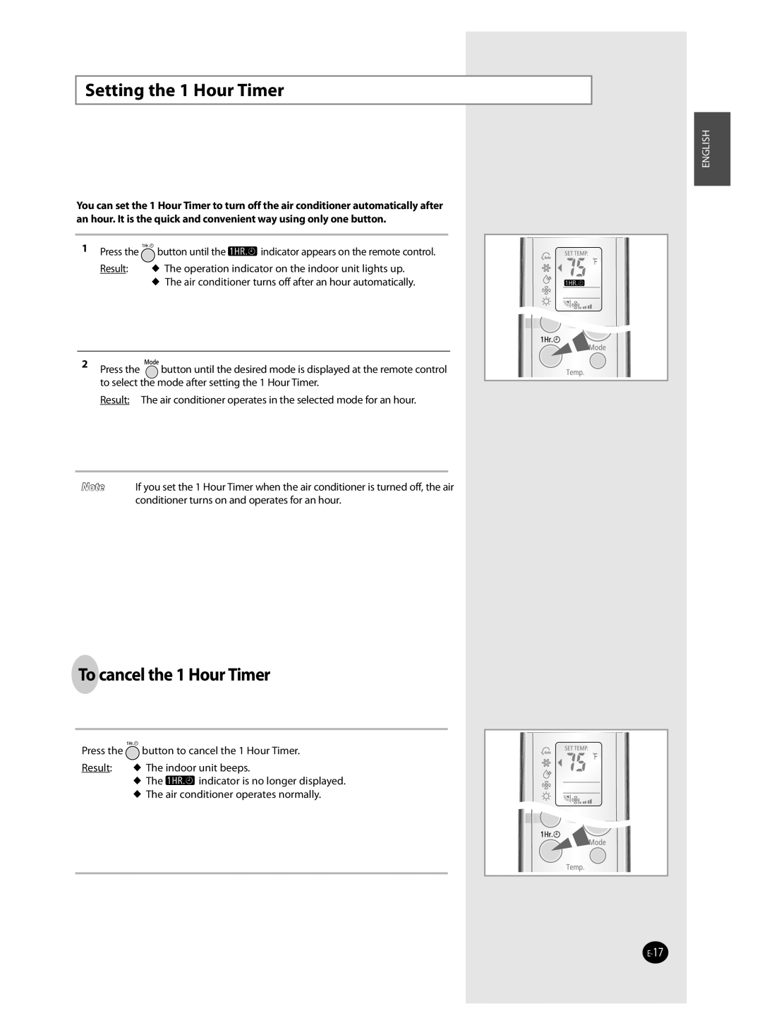 Samsung AQV12J, AQV18J, AQV24J, QV09J user manual Setting the 1 Hour Timer, To cancel the 1 Hour Timer 