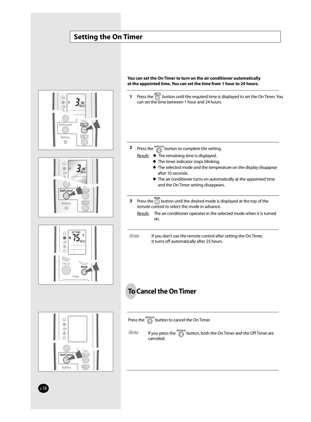 Samsung AQV24J, AQV18J, AQV12J, QV09J user manual Setting the On Timer, To Cancel the On Timer 