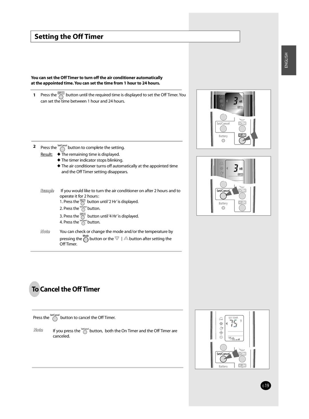 Samsung QV09J, AQV18J, AQV12J, AQV24J user manual Setting the Off Timer, To Cancel the Off Timer 