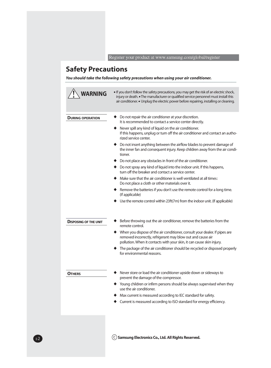 Samsung AQV24J, AQV18J, AQV12J, QV09J user manual Safety Precautions 