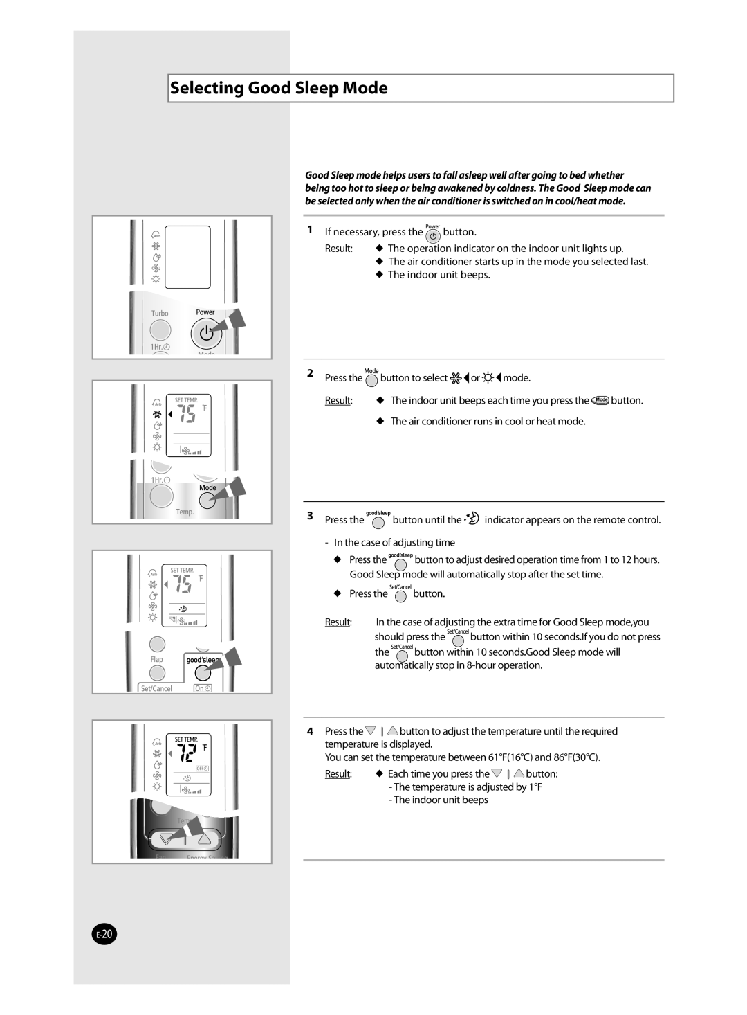 Samsung AQV18J, AQV12J, AQV24J, QV09J user manual Selecting Good Sleep Mode, Case of adjusting time 