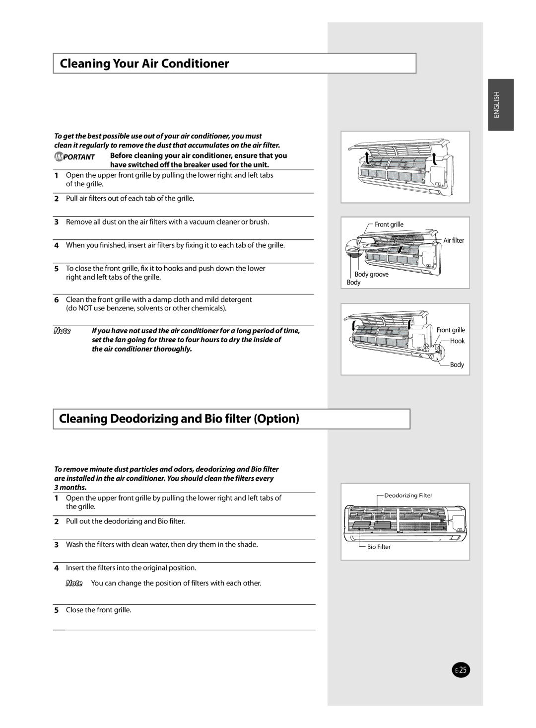 Samsung AQV12J, AQV18J, AQV24J, QV09J user manual Cleaning Your Air Conditioner, Cleaning Deodorizing and Bio filter Option 