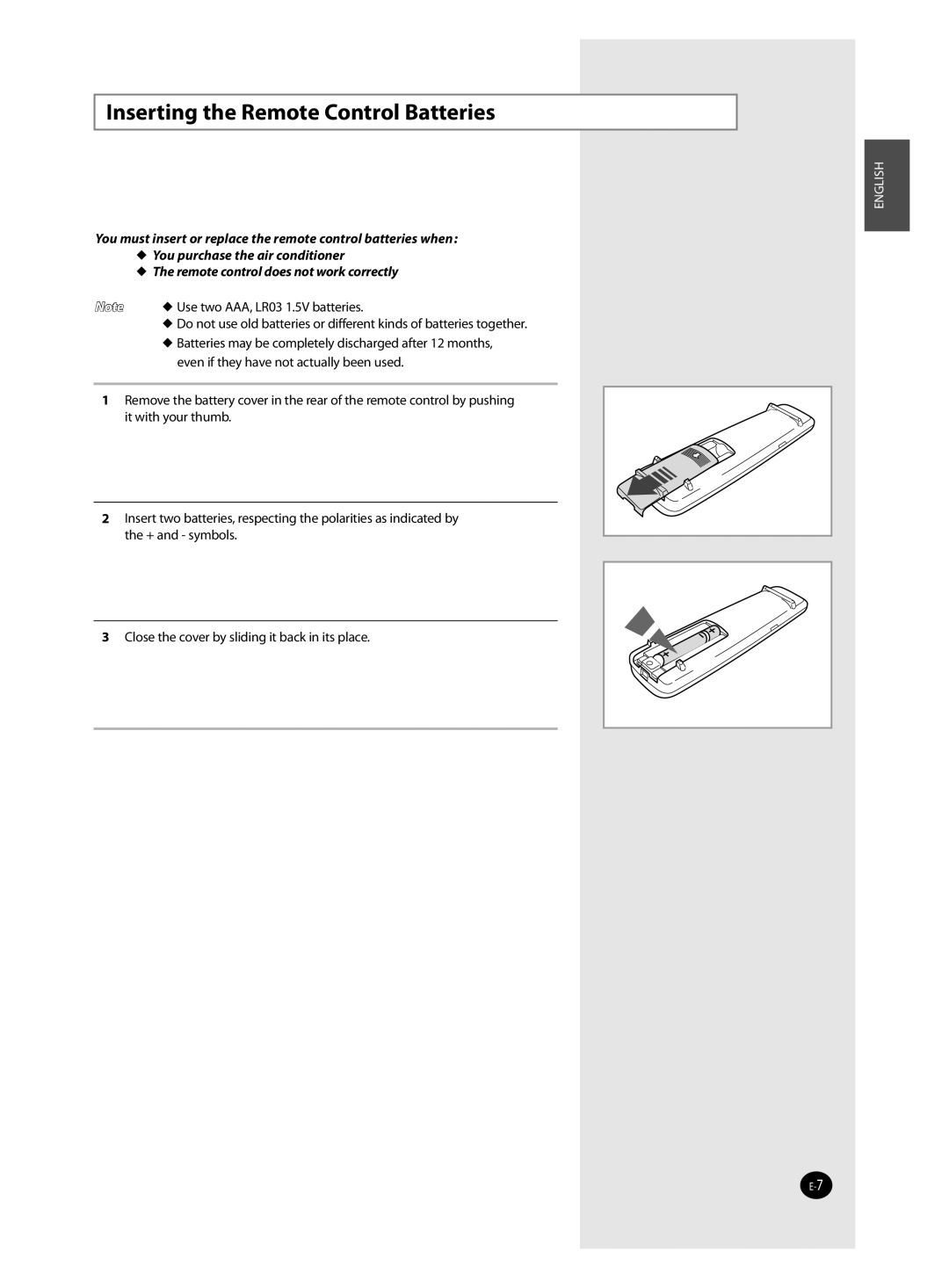 Samsung QV09J, AQV18J, AQV12J, AQV24J user manual Inserting the Remote Control Batteries 