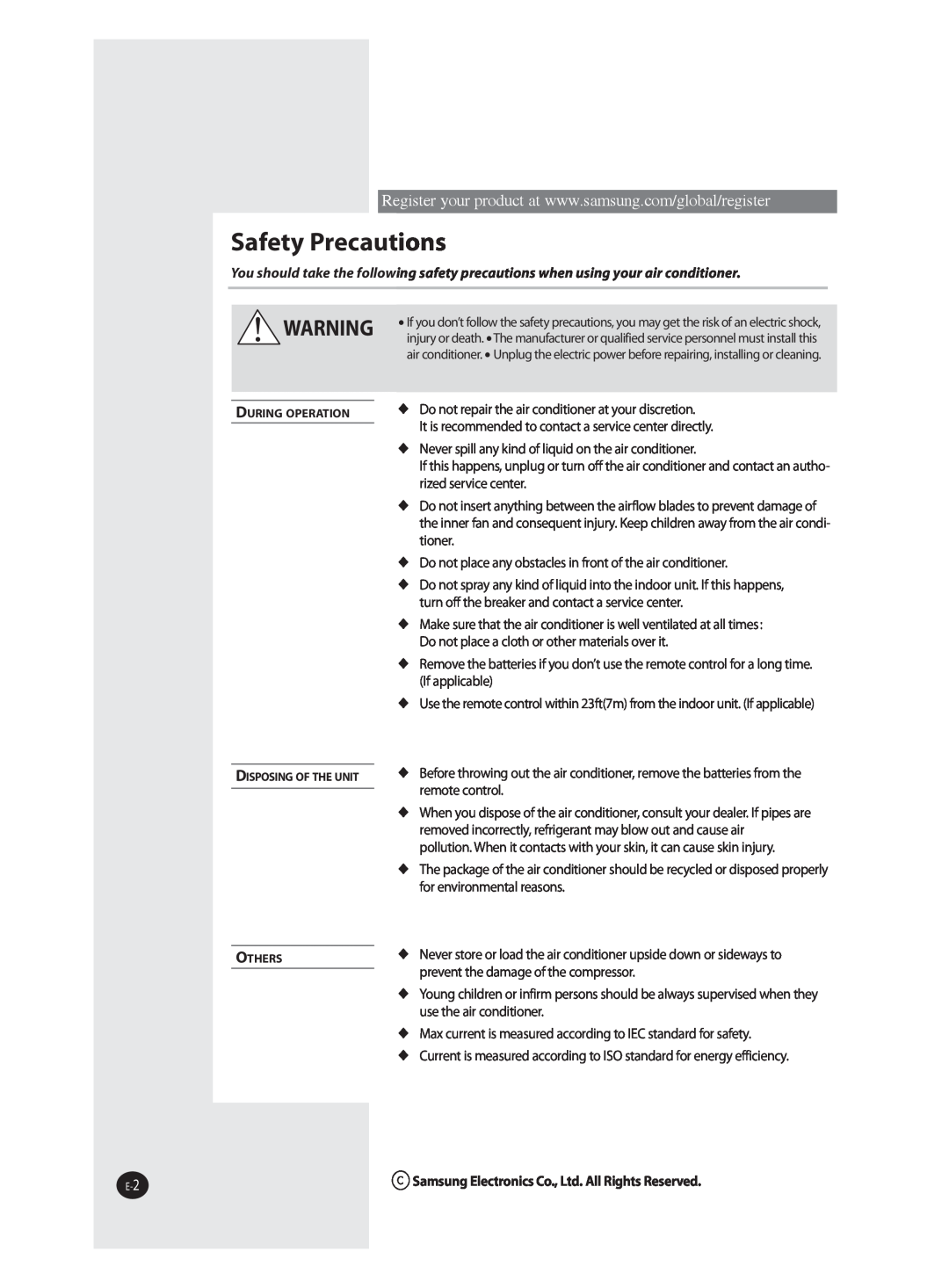 Samsung AQV24J, AQV18J, AQV12J, QV09J user manual Safety Precautions, During Operation Disposing Of The Unit Others 