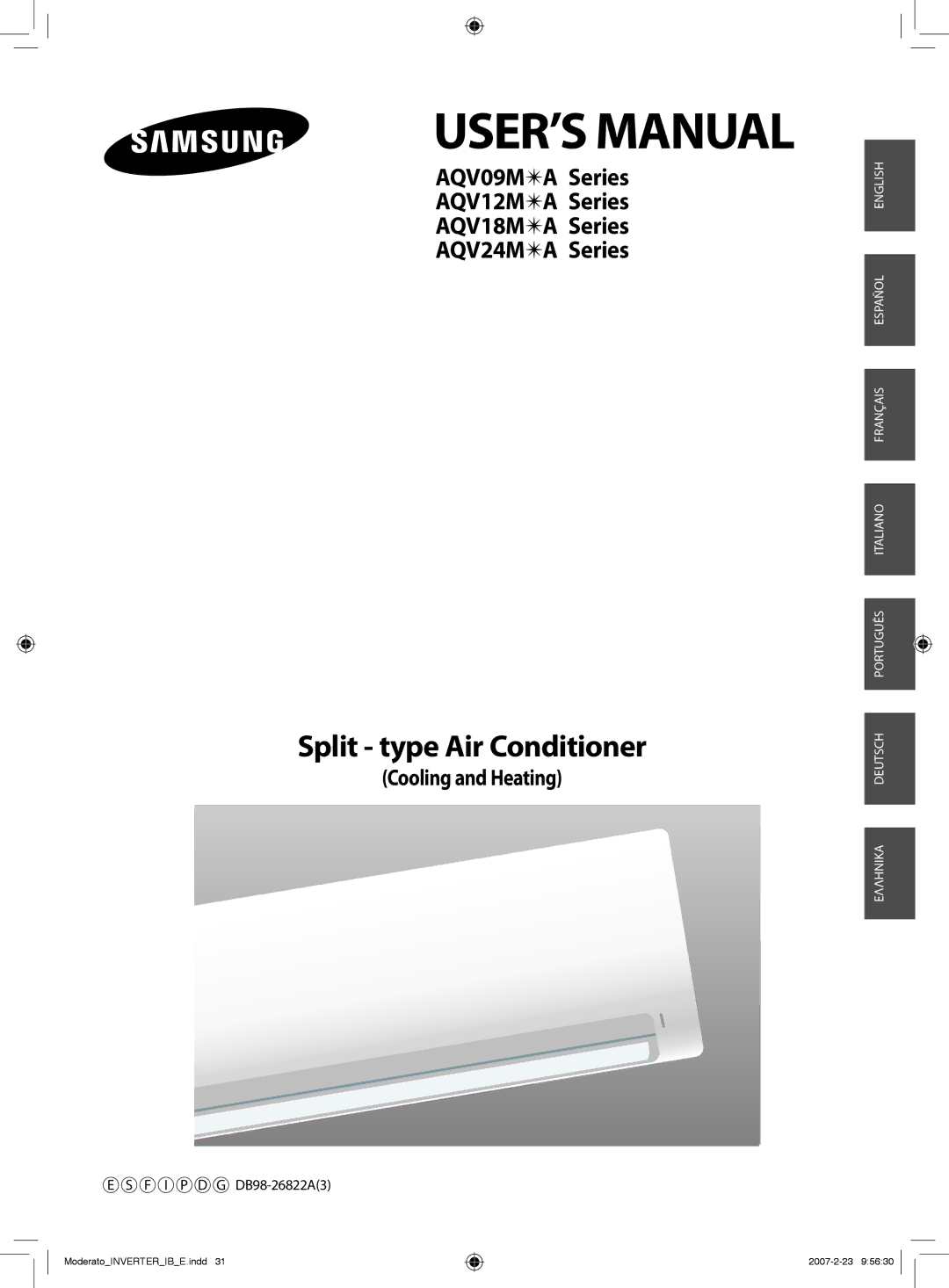 Samsung AQV18MSAN, AQV18MSAX manual USER’S Manual, Split type Air Conditioner, Cooling and Heating, F I P D G DB98-26822A3 