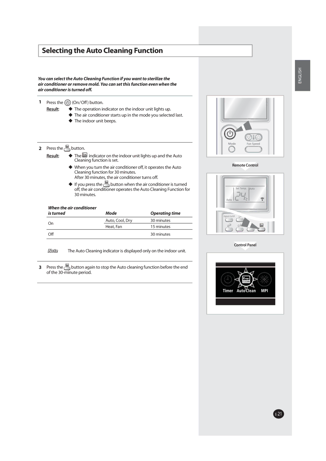 Samsung AQV24MWAN manual 4FMFDUJOHUIFVUP$MFBOJOHVODUJPO, BjsDpoejujpofsJtUvsofePgg, JTUVSOFE PEF 0QFSBUJOHUJNF 