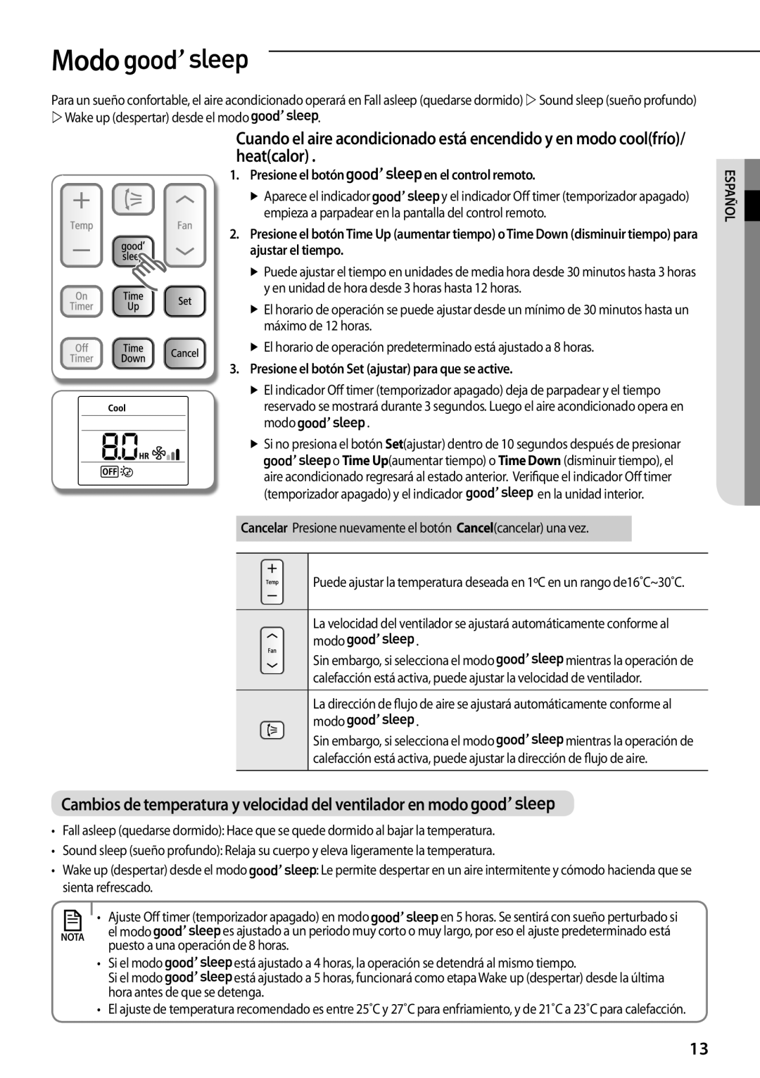 Samsung AQV18PSBXSER manual Modo, Presione el botón en el control remoto, Presione el botón Set ajustar para que se active 