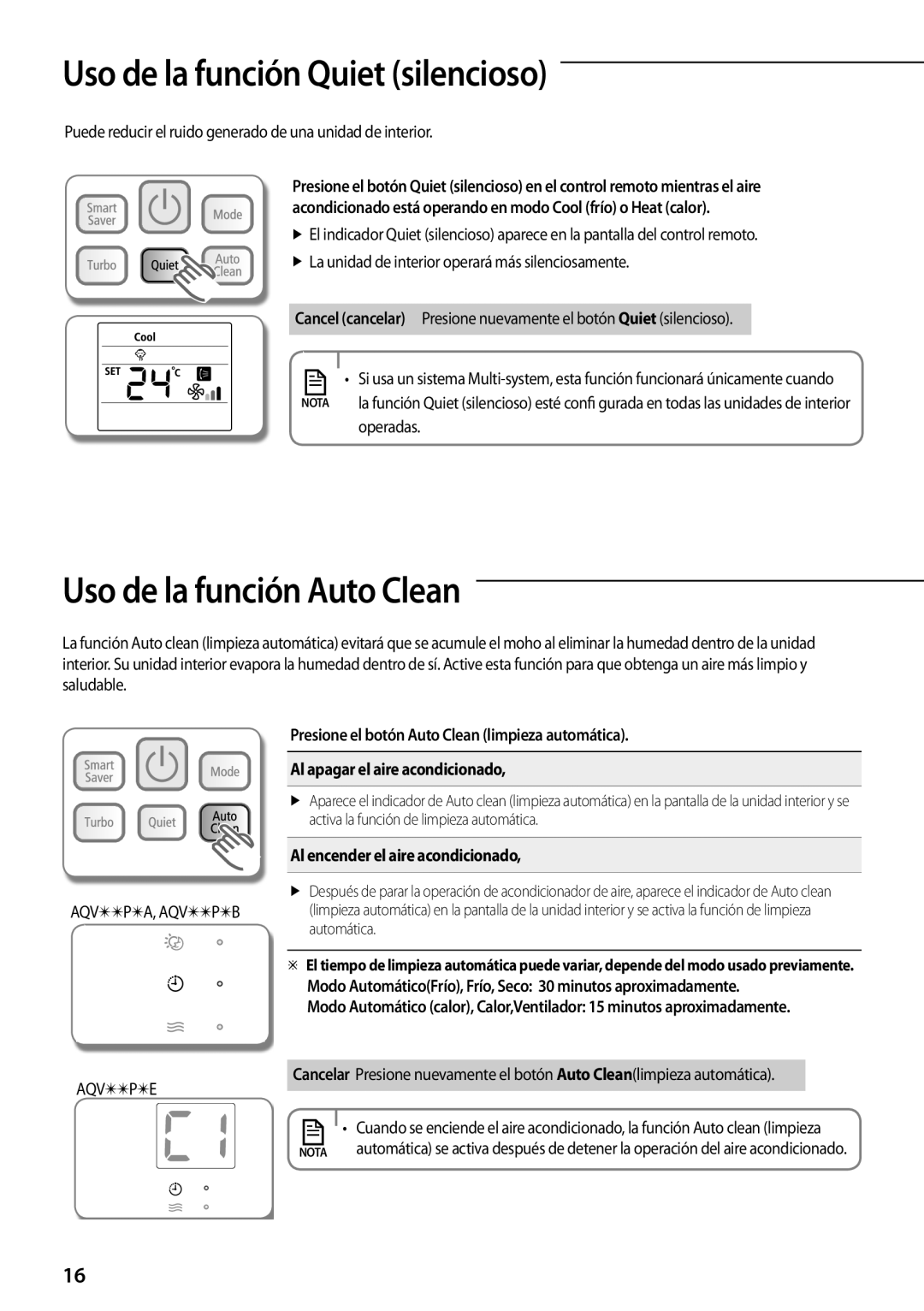 Samsung AQV24PMBX Uso de la función Quiet silencioso, Uso de la función Auto Clean, Al encender el aire acondicionado 