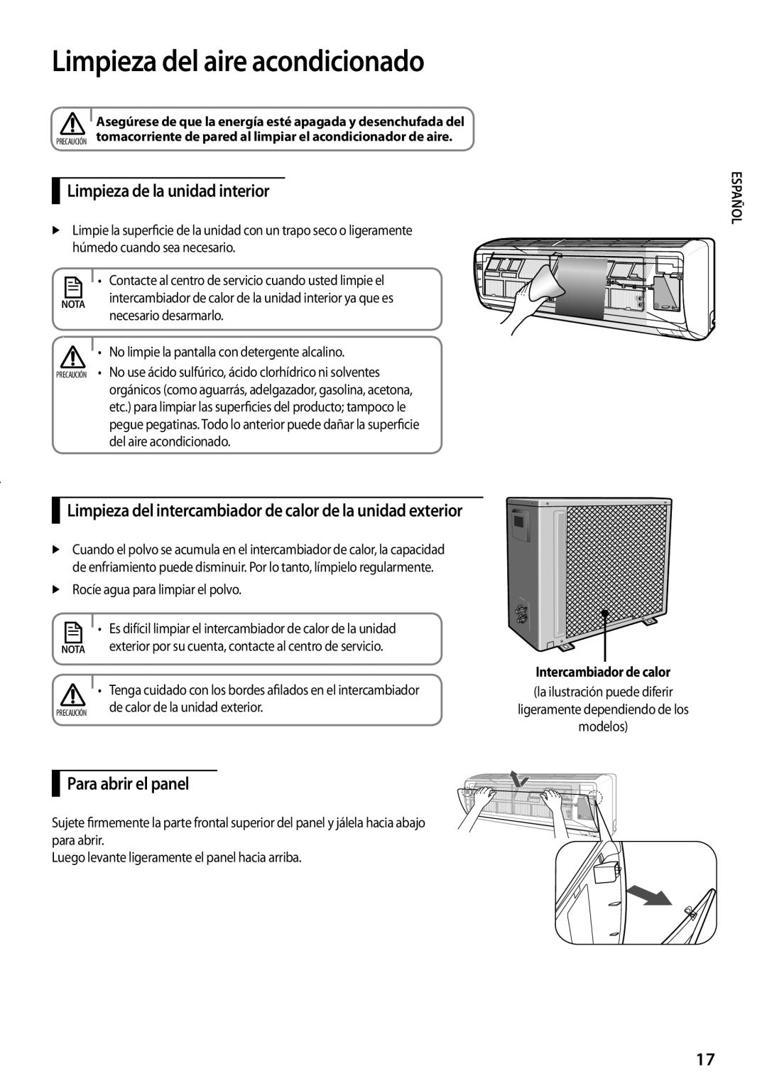 Samsung AQV18PMBN, AQV18PMBX manual Limpieza del aire acondicionado, Limpieza de la unidad interior, Para abrir el panel 