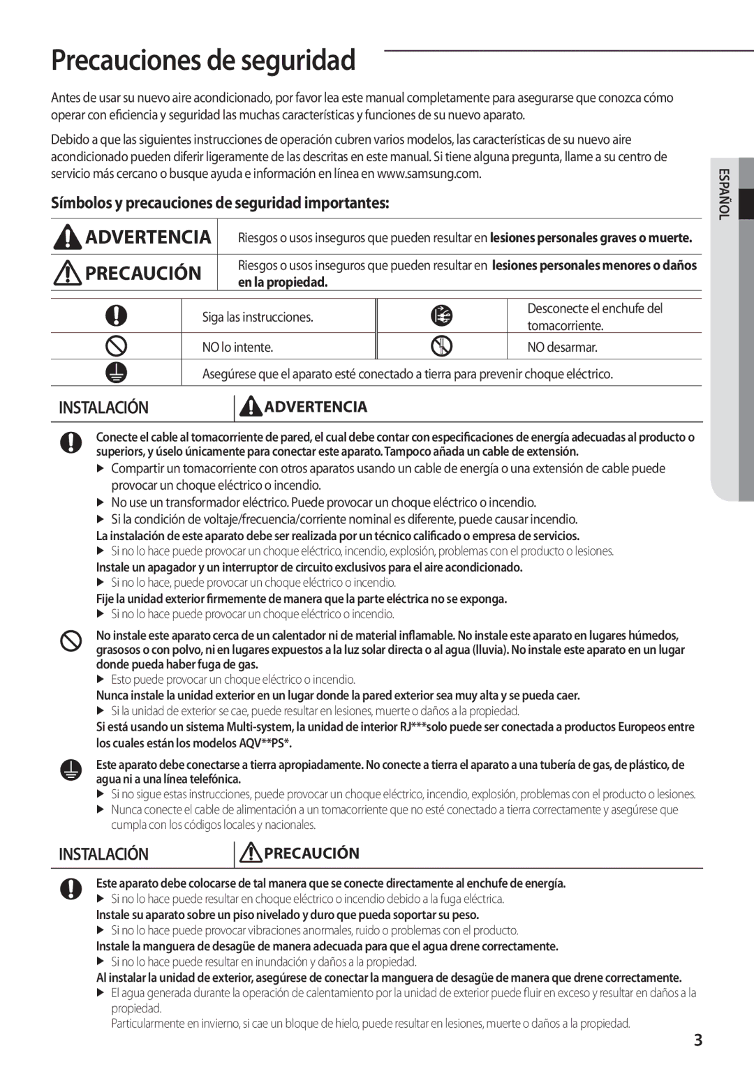 Samsung AQV12PMEN, AQV18PMBX Precauciones de seguridad, Símbolos y precauciones de seguridad importantes, En la propiedad 