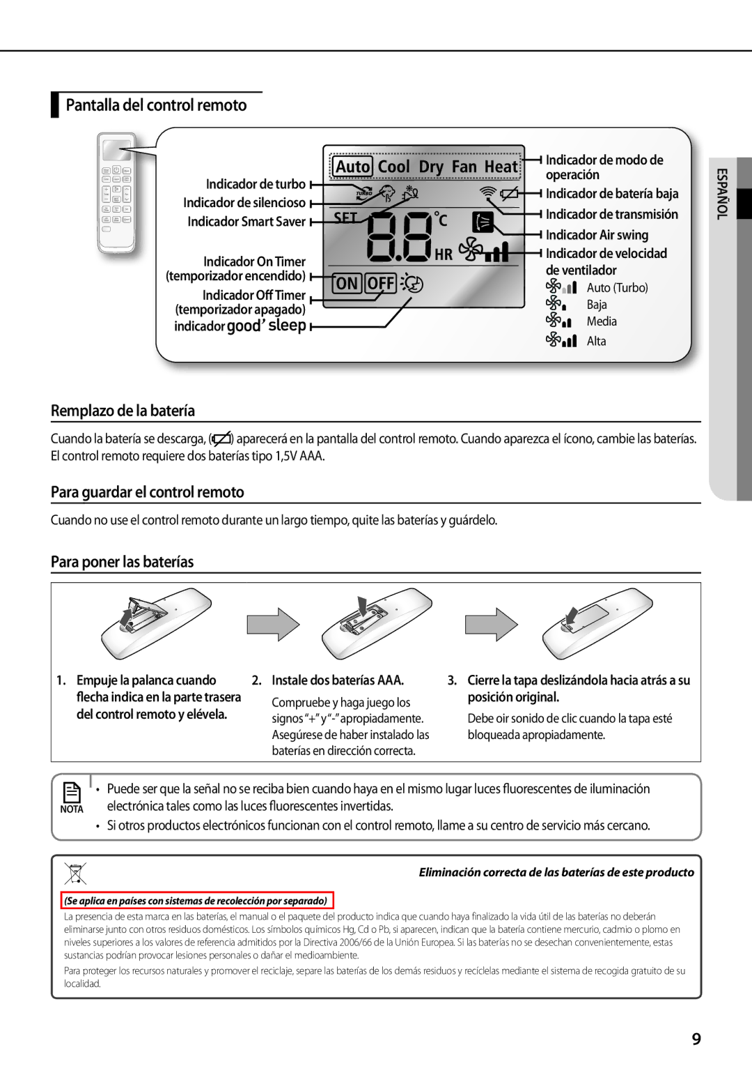 Samsung AQV24PSBX, AQV18PMBX, AQV24PMBX Pantalla del control remoto, Remplazo de la batería, Para guardar el control remoto 