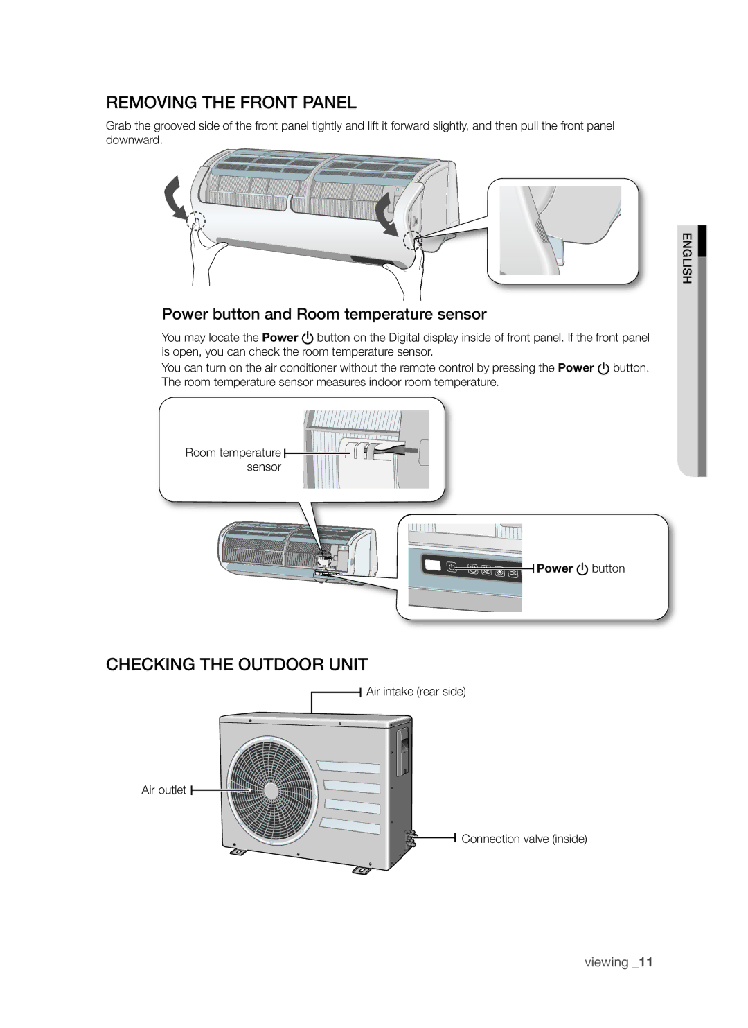 Samsung AQV18AWAX, AQV24AWAN Removing the Front Panel, Checking the Outdoor Unit, Power button and Room temperature sensor 