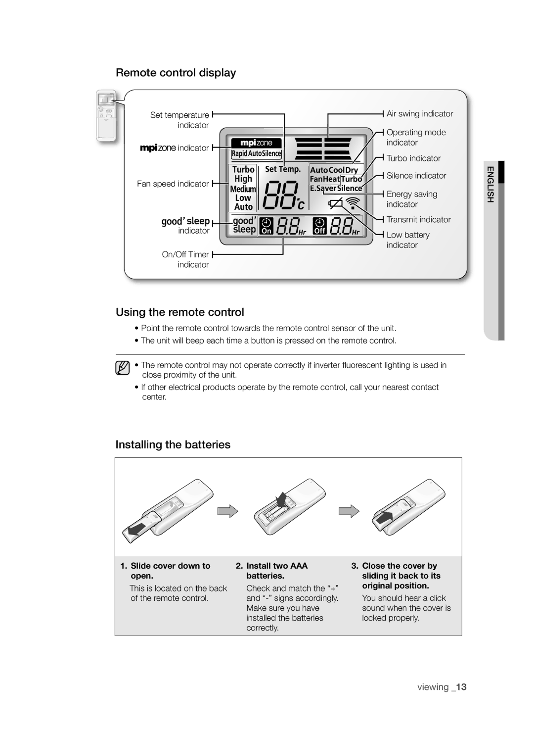 Samsung AQV24AWAX, AQV24AWAN, AQV18AWAN manual Remote control display, Using the remote control, Installing the batteries 