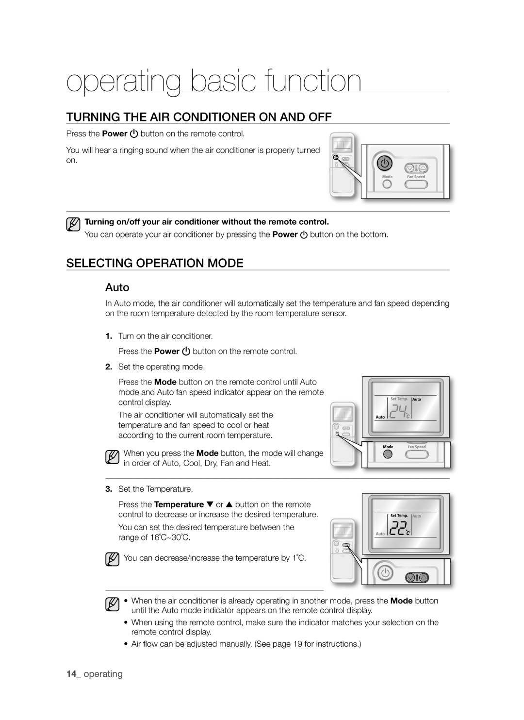 Samsung AQV18AWAN manual Operating basic function, Turning the AIR Conditioner on and OFF, Selecting Operation Mode, Auto 