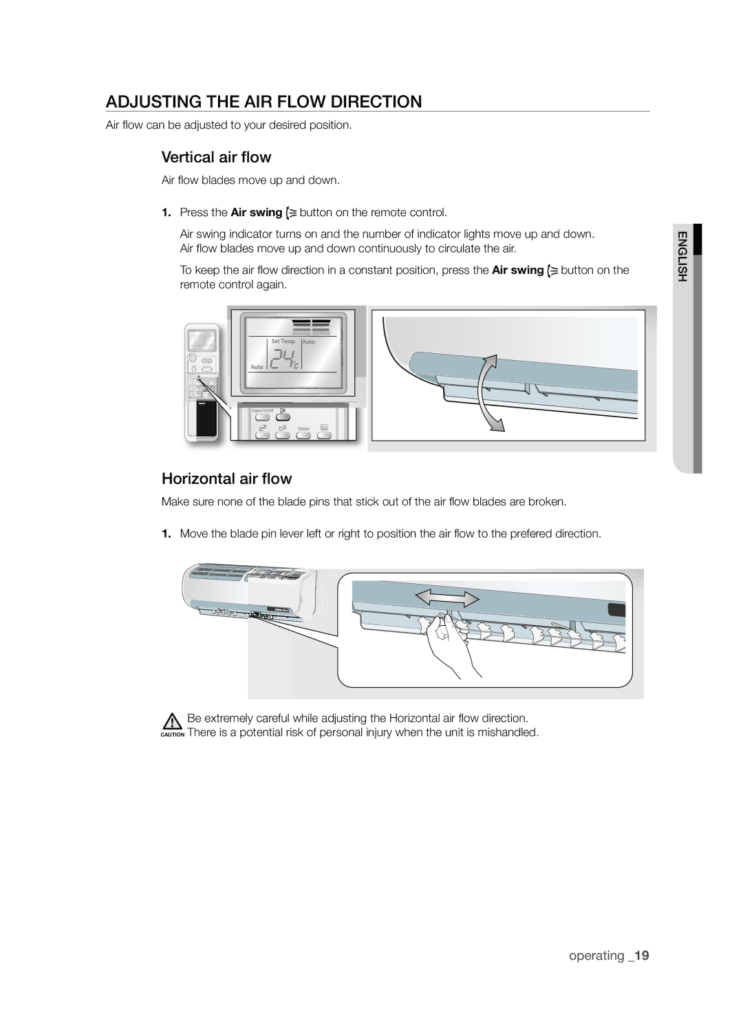 Samsung AQV18AWAX, AQV24AWAN, AQV24AWAX, AQV18AWAN Adjusting the AIR Flow Direction, Vertical air flow, Horizontal air flow 