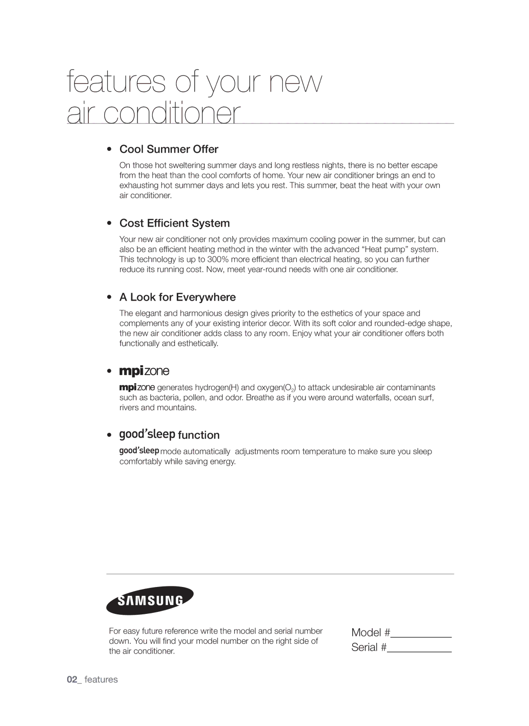 Samsung AQV18AWAN, AQV24AWAN Cool Summer Offer, Cost Efficient System, Look for Everywhere, Function, Model # Serial # 