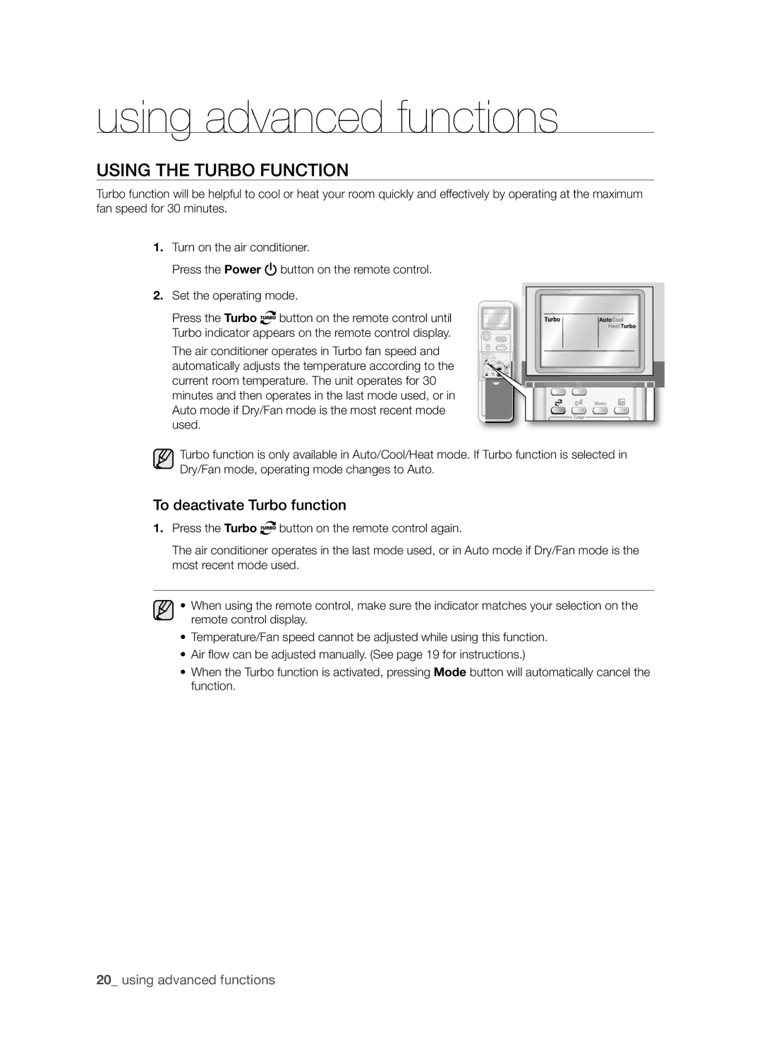 Samsung AQV24AWAN, AQV24AWAX, AQV18AWAN Using advanced functions, Using the Turbo Function, To deactivate Turbo function 