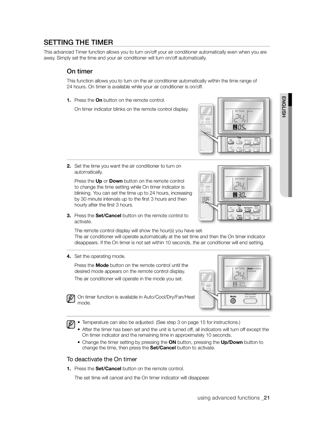 Samsung AQV24AWAX, AQV24AWAN, AQV18AWAN, AQV18AWAX manual Setting the Timer, To deactivate the On timer 