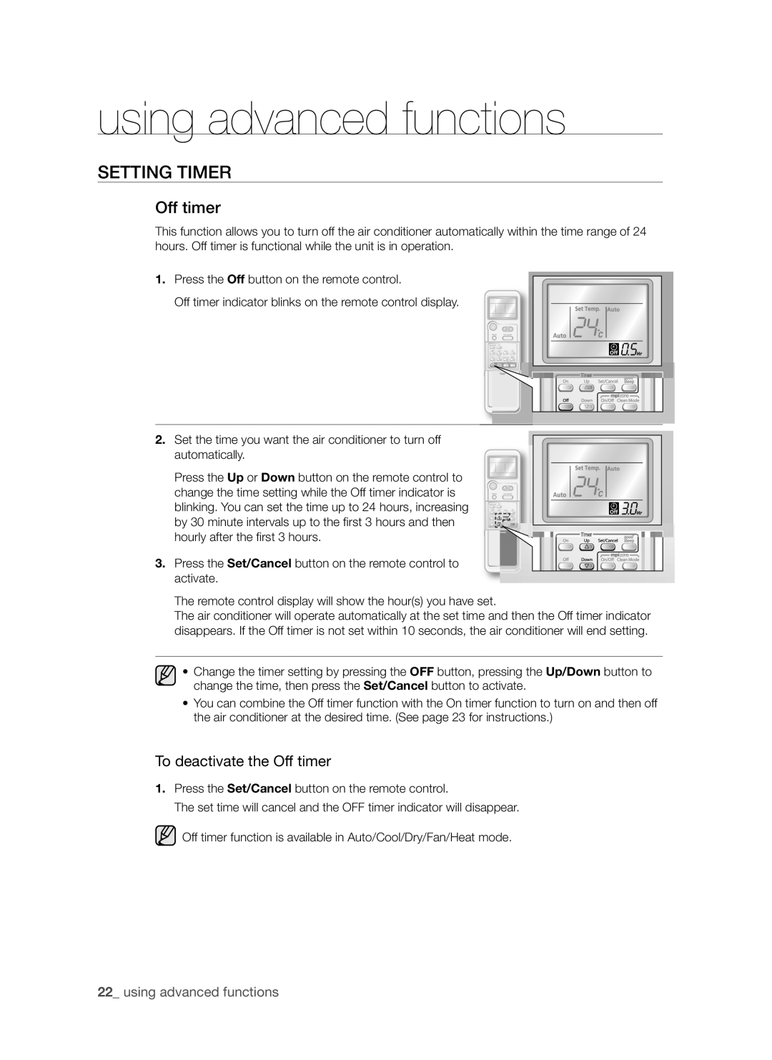 Samsung AQV18AWAN, AQV24AWAN, AQV24AWAX, AQV18AWAX manual Setting Timer, To deactivate the Off timer 