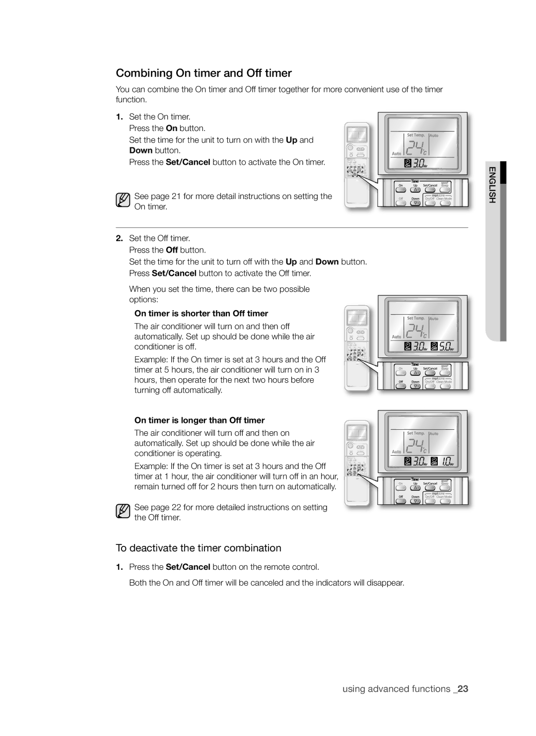 Samsung AQV18AWAX Combining On timer and Off timer, To deactivate the timer combination, On timer is longer than Off timer 