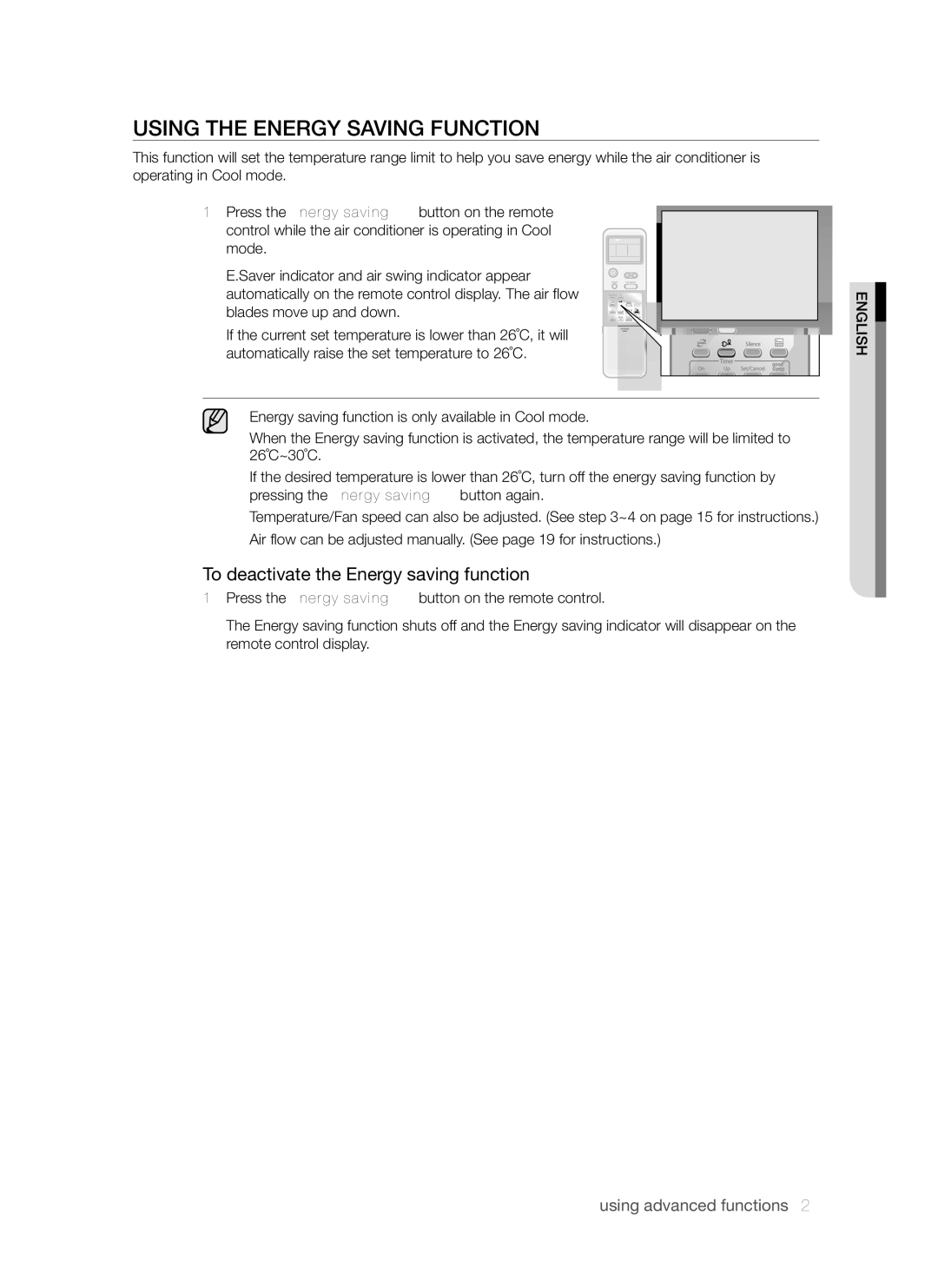 Samsung AQV18AWAX, AQV24AWAN, AQV24AWAX manual Using the Energy Saving Function, To deactivate the Energy saving function 