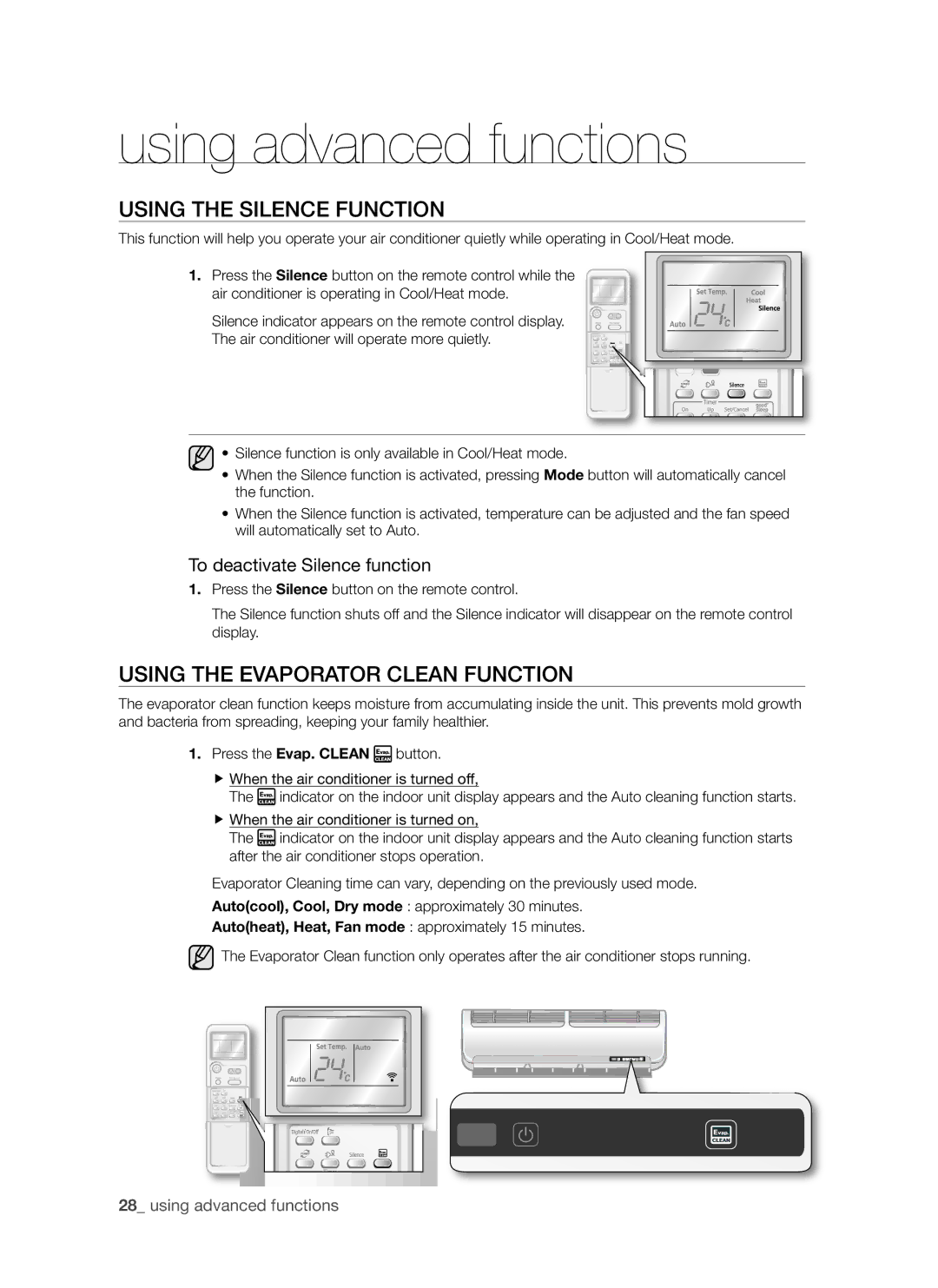 Samsung AQV24AWAN manual Using the Silence Function, Using the Evaporator Clean Function, To deactivate Silence function 