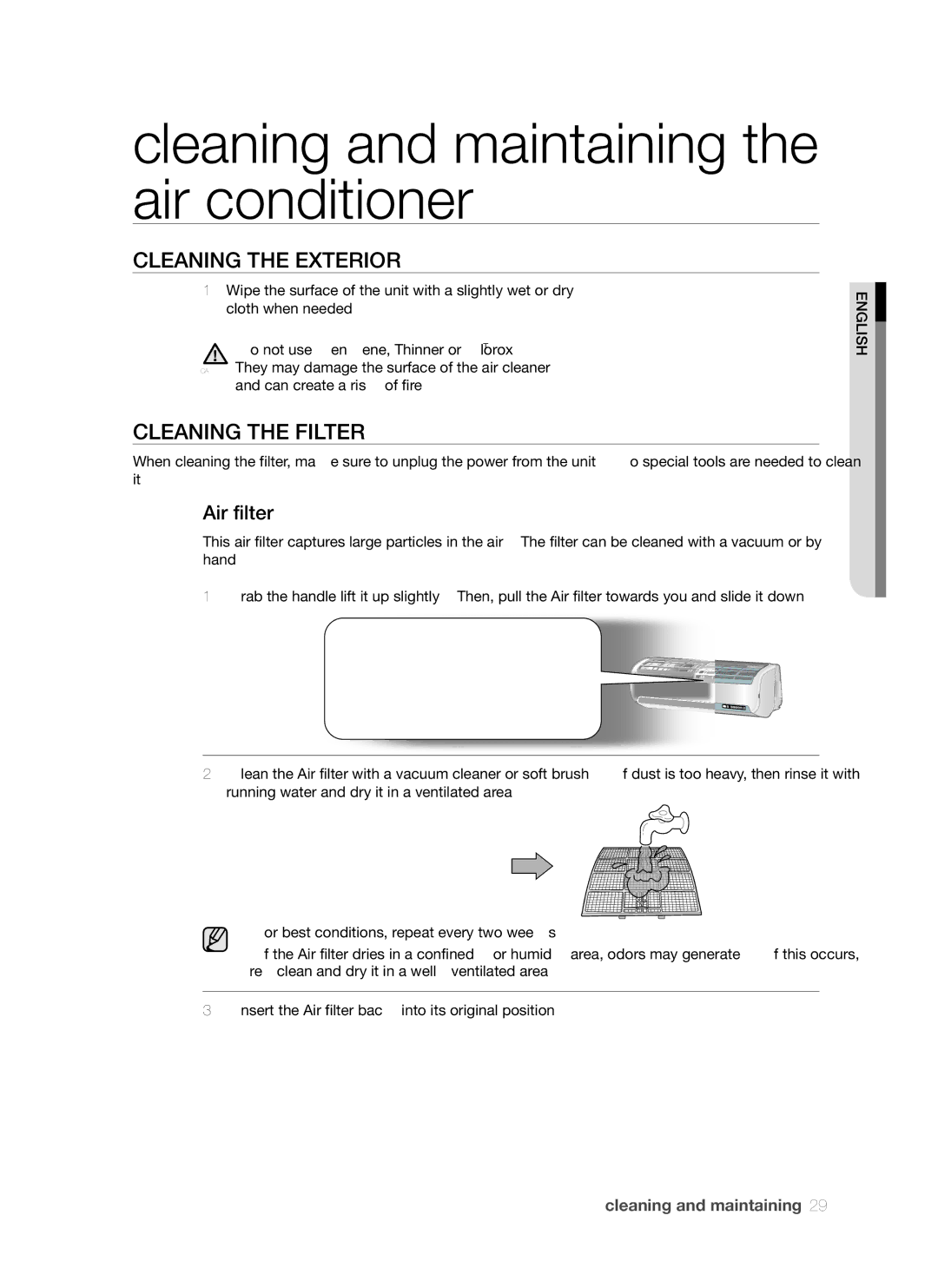 Samsung AQV24AWAX Cleaning and maintaining the air conditioner, Cleaning the Exterior, Cleaning the Filter, Air filter 