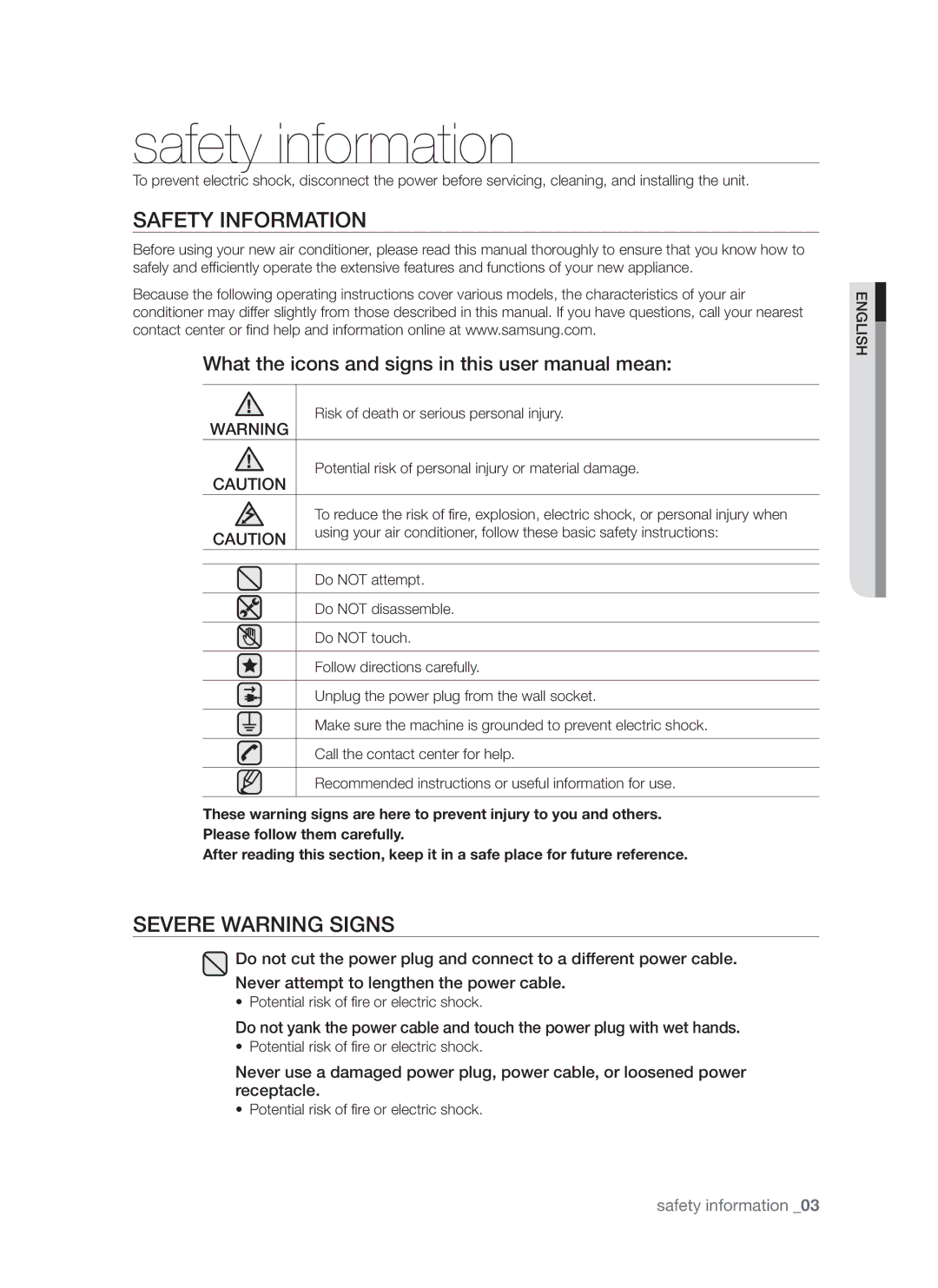 Samsung AQV18AWAX, AQV24AWAN, AQV24AWAX, AQV18AWAN manual Safety information, Safety Information, Severe Warning Signs 