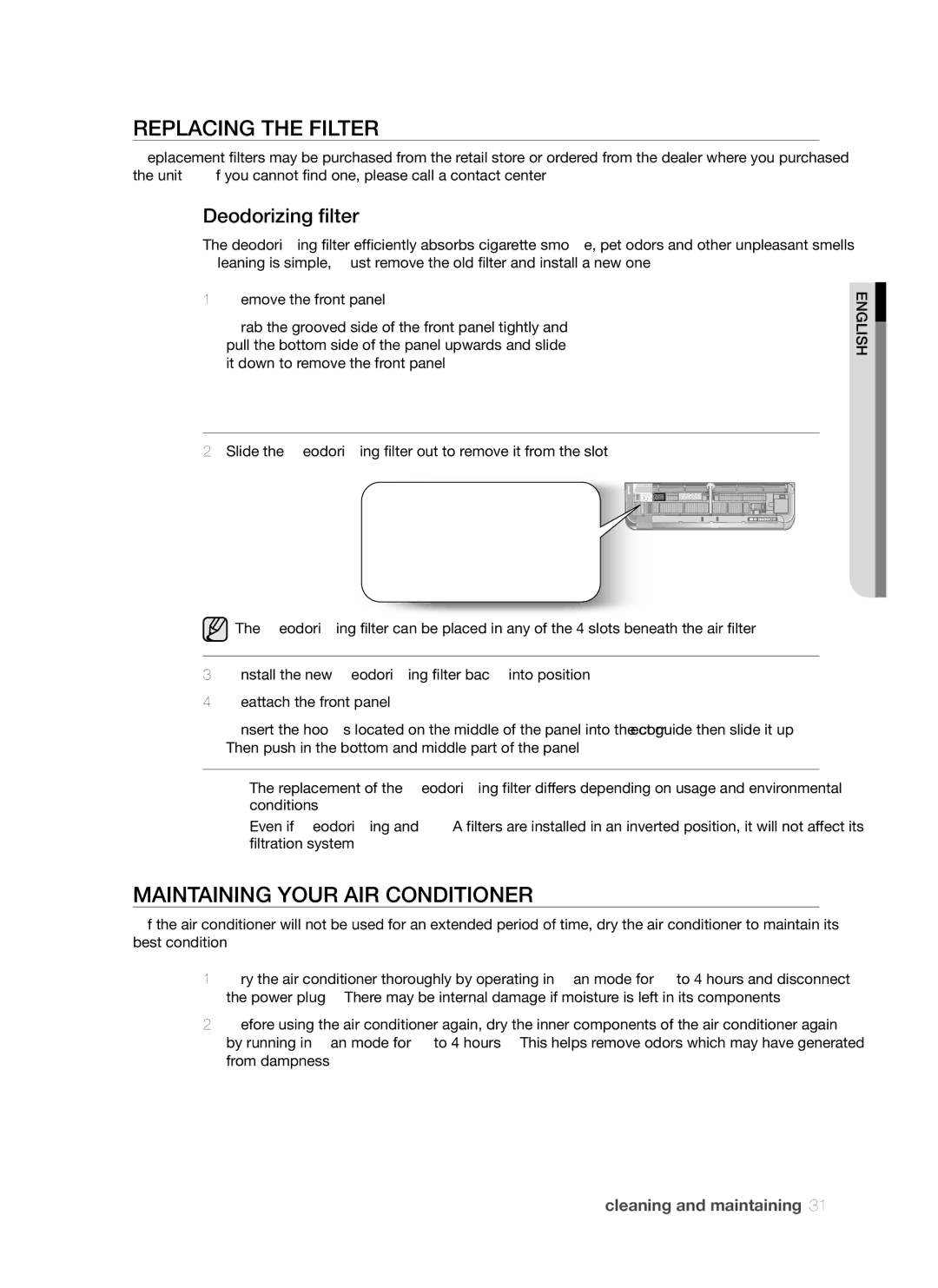 Samsung AQV18AWAX, AQV24AWAN, AQV24AWAX manual Replacing the Filter, Maintaining Your AIR Conditioner, Deodorizing filter 