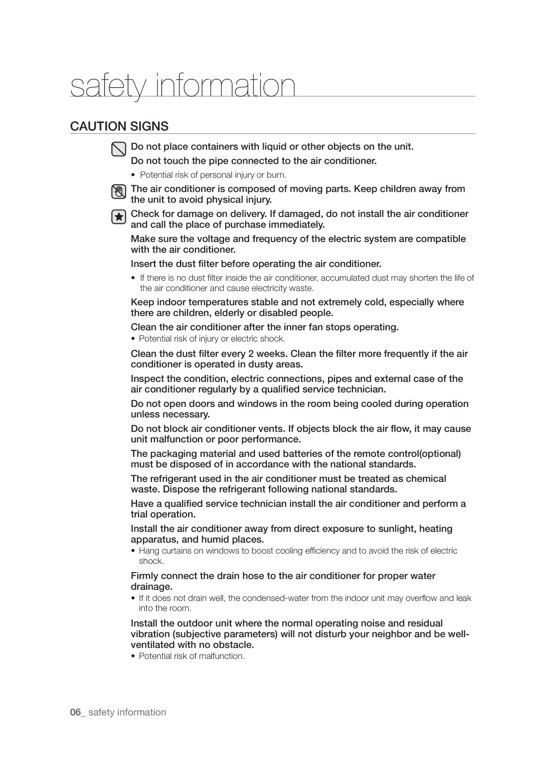 Samsung AQV18AWAN, AQV24AWAN, AQV24AWAX, AQV18AWAX manual Potential risk of personal injury or burn 