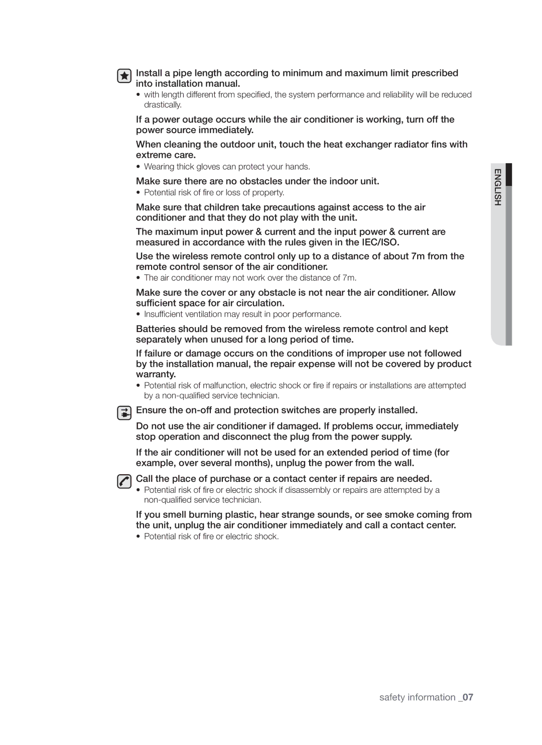 Samsung AQV18AWAX, AQV24AWAN, AQV24AWAX, AQV18AWAN manual Make sure there are no obstacles under the indoor unit 