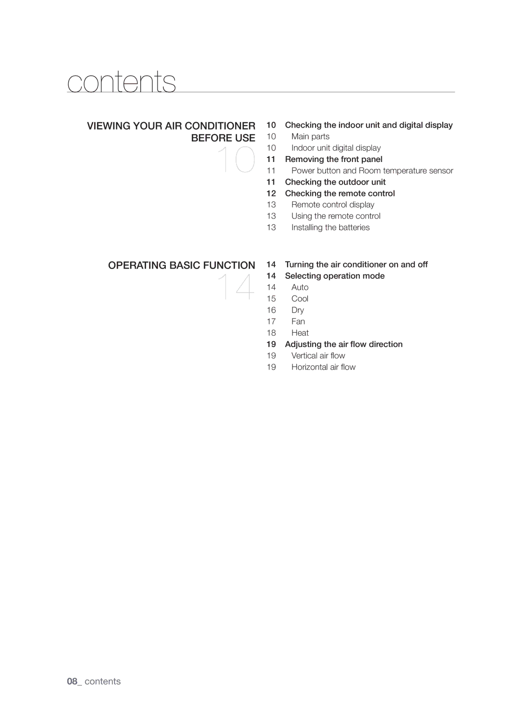 Samsung AQV24AWAN, AQV24AWAX, AQV18AWAN, AQV18AWAX manual Contents 