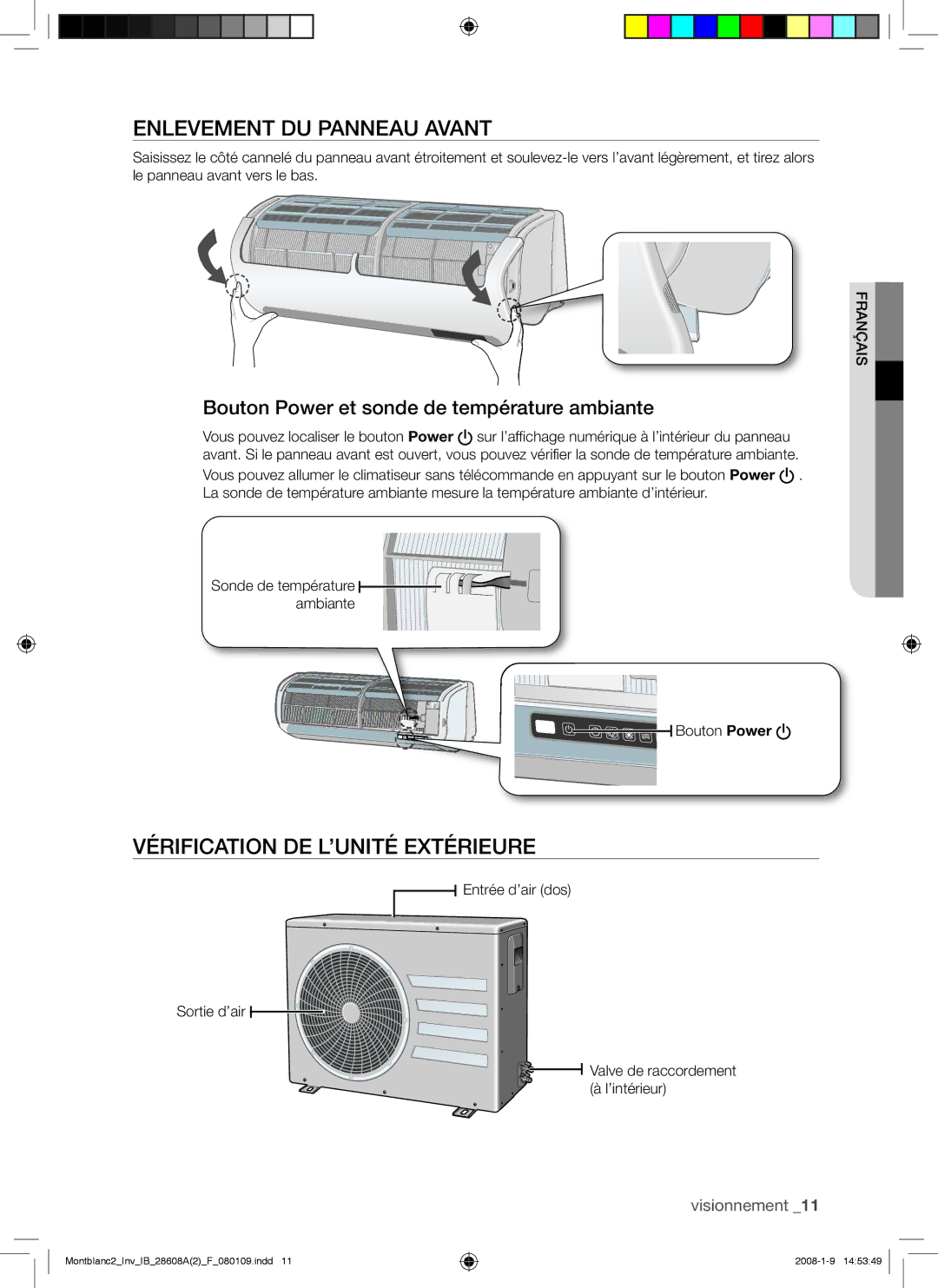 Samsung AQV18AWAN, AQV24AWAN, AQV24AWAX, AQV18AWAX manual Enlevement DU Panneau Avant, Vérification DE L’UNITÉ Extérieure 