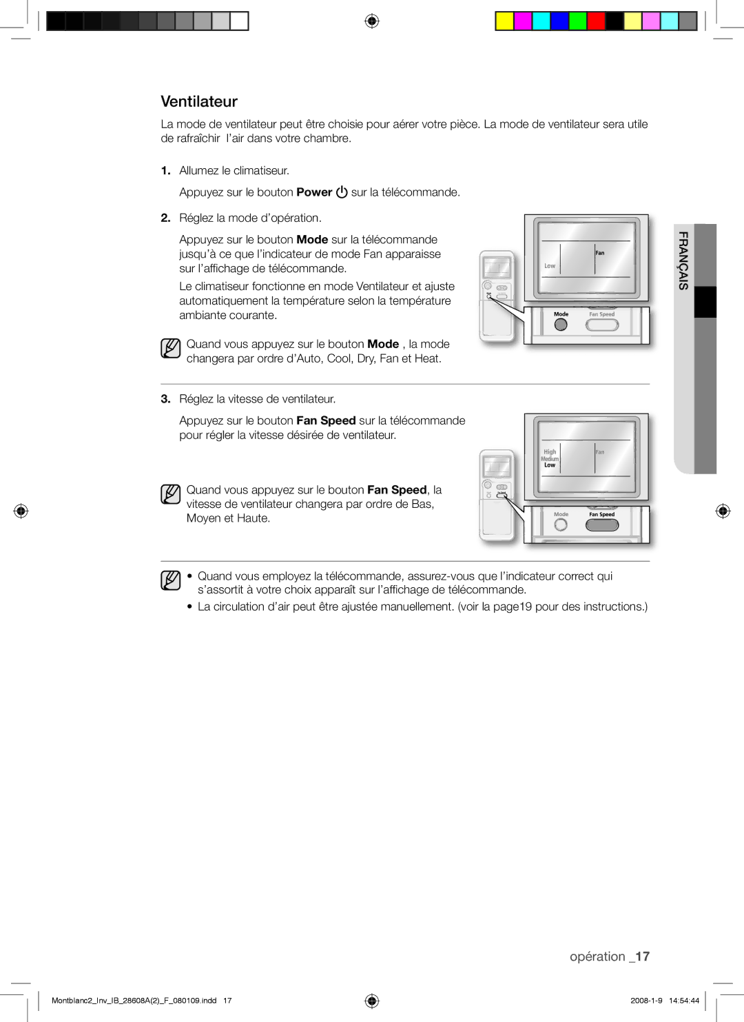 Samsung AQV24AWAN, AQV24AWAX, AQV18AWAN, AQV18AWAX manual Ventilateur 