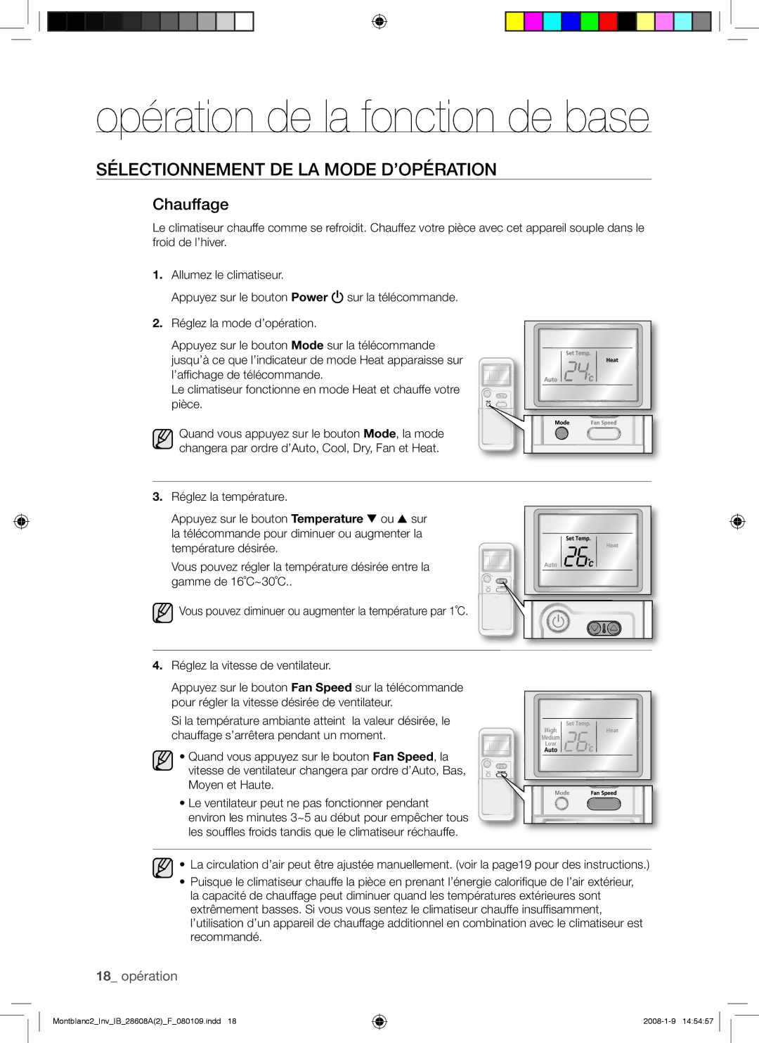 Samsung AQV24AWAX, AQV24AWAN, AQV18AWAN, AQV18AWAX manual Opération de la fonction de base, Chauffage 