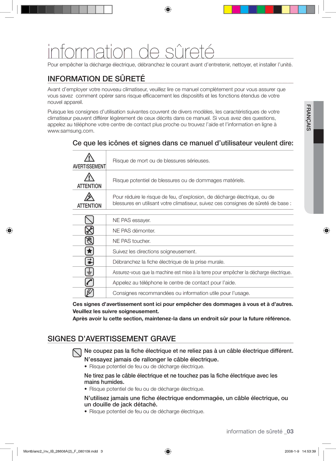 Samsung AQV18AWAN, AQV24AWAN, AQV24AWAX manual Information de sûreté, Information DE Sûreté, Signes D’AVERTISSEMENT Grave 