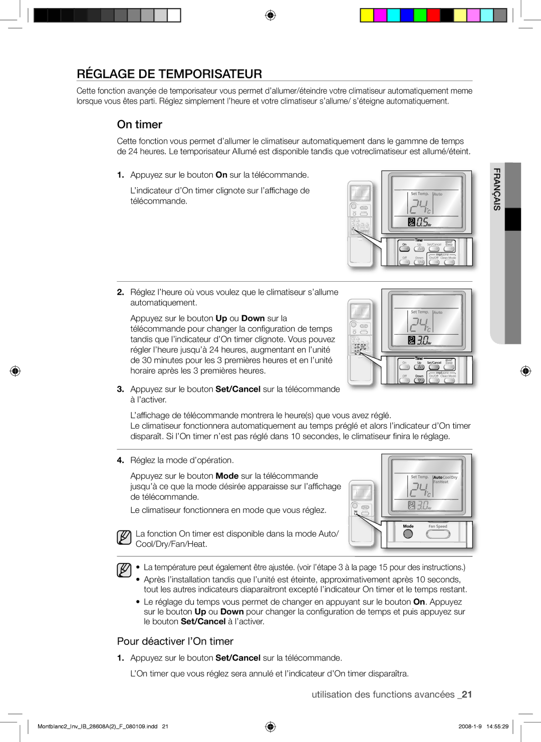 Samsung AQV24AWAN, AQV24AWAX, AQV18AWAN, AQV18AWAX manual Réglage DE Temporisateur, Pour déactiver l’On timer 