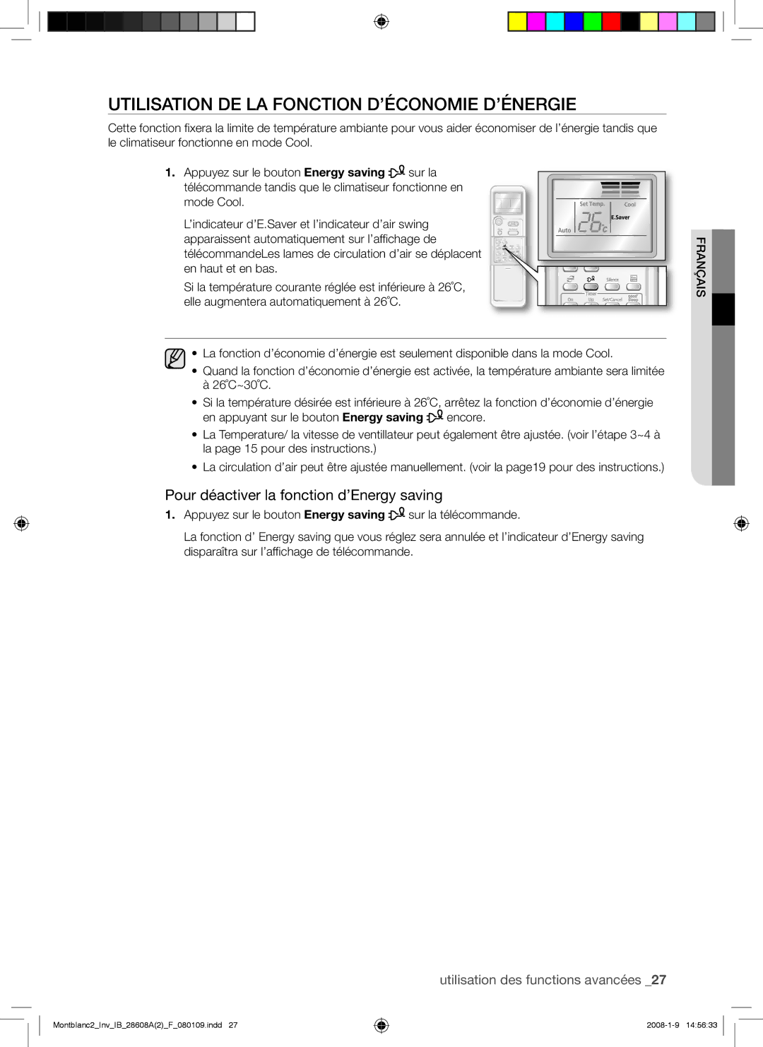 Samsung AQV18AWAN, AQV24AWAN Utilisation DE LA Fonction D’ÉCONOMIE D’ÉNERGIE, Pour déactiver la fonction d’Energy saving 