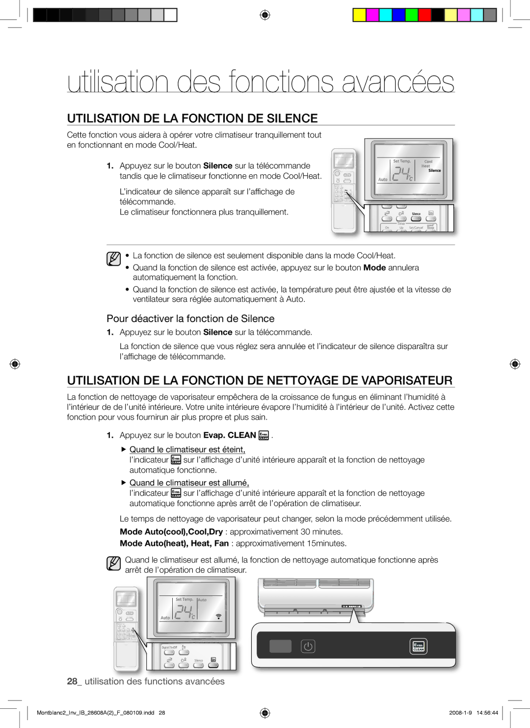 Samsung AQV18AWAX manual Utilisation DE LA Fonction DE Silence, Utilisation DE LA Fonction DE Nettoyage DE Vaporisateur 