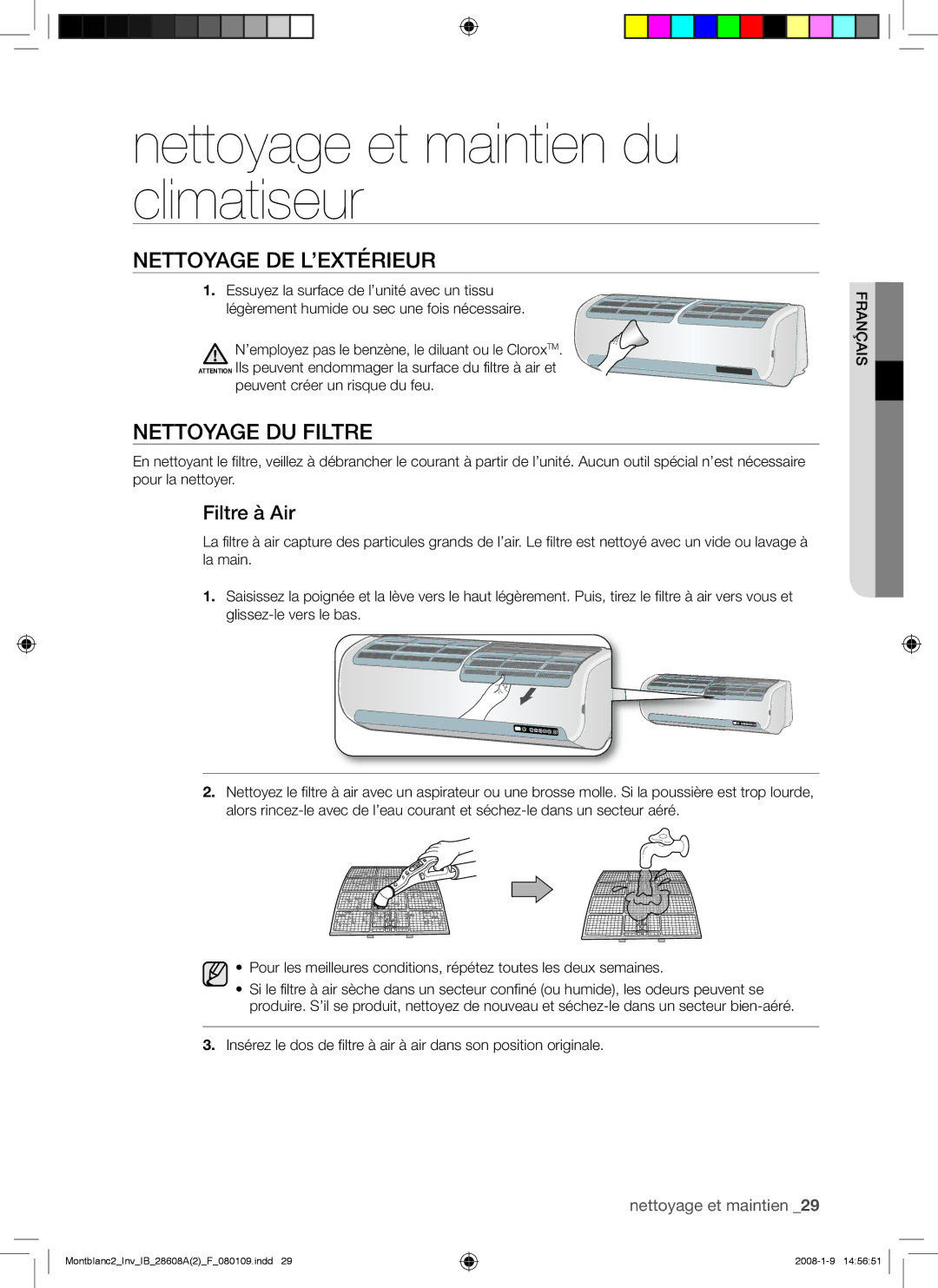 Samsung AQV24AWAN manual Nettoyage et maintien du climatiseur, Nettoyage DE L’EXTÉRIEUR, Nettoyage DU Filtre, Filtre à Air 