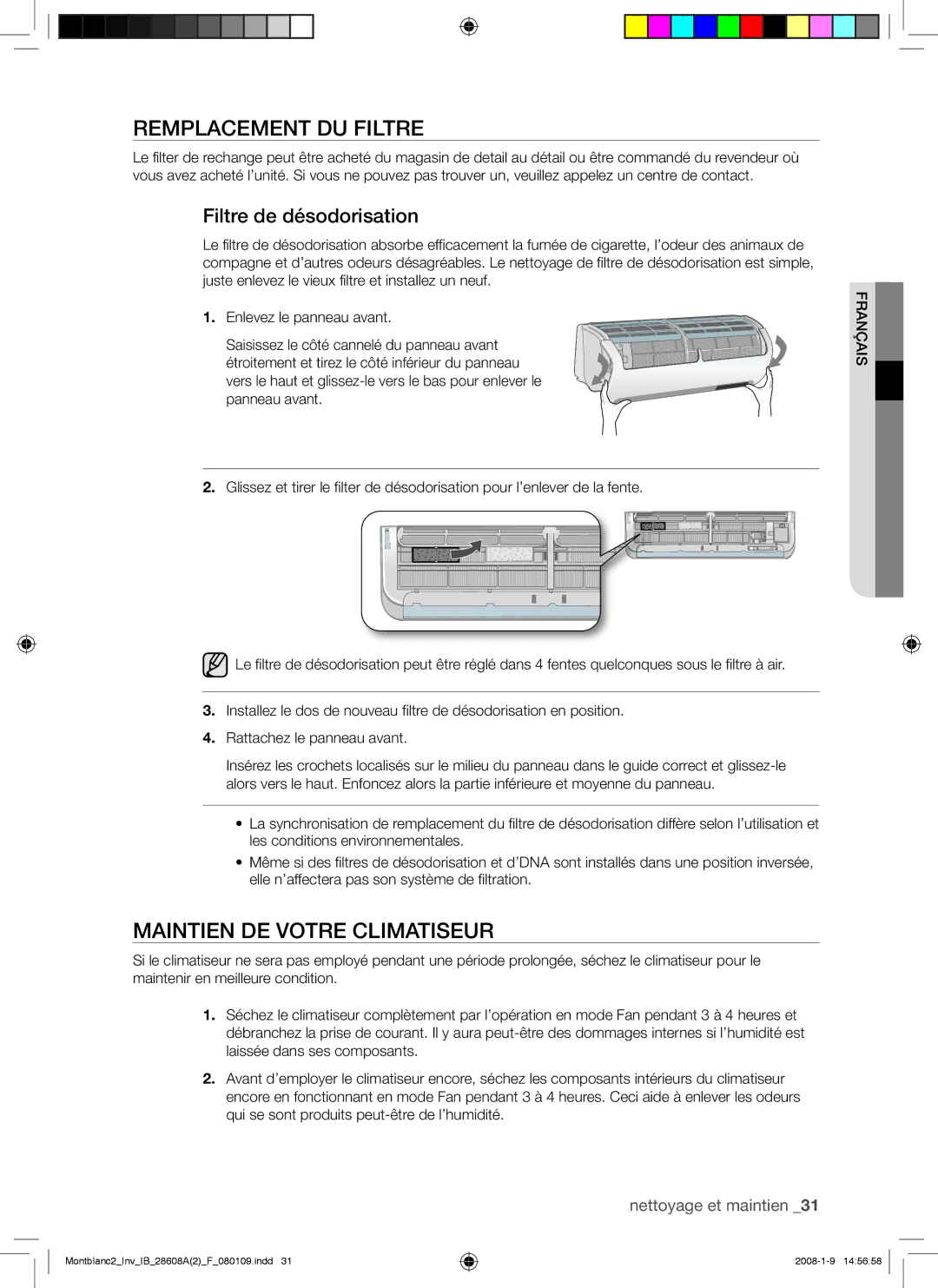 Samsung AQV18AWAN, AQV24AWAN, AQV24AWAX Remplacement DU Filtre, Maintien DE Votre Climatiseur, Filtre de désodorisation 