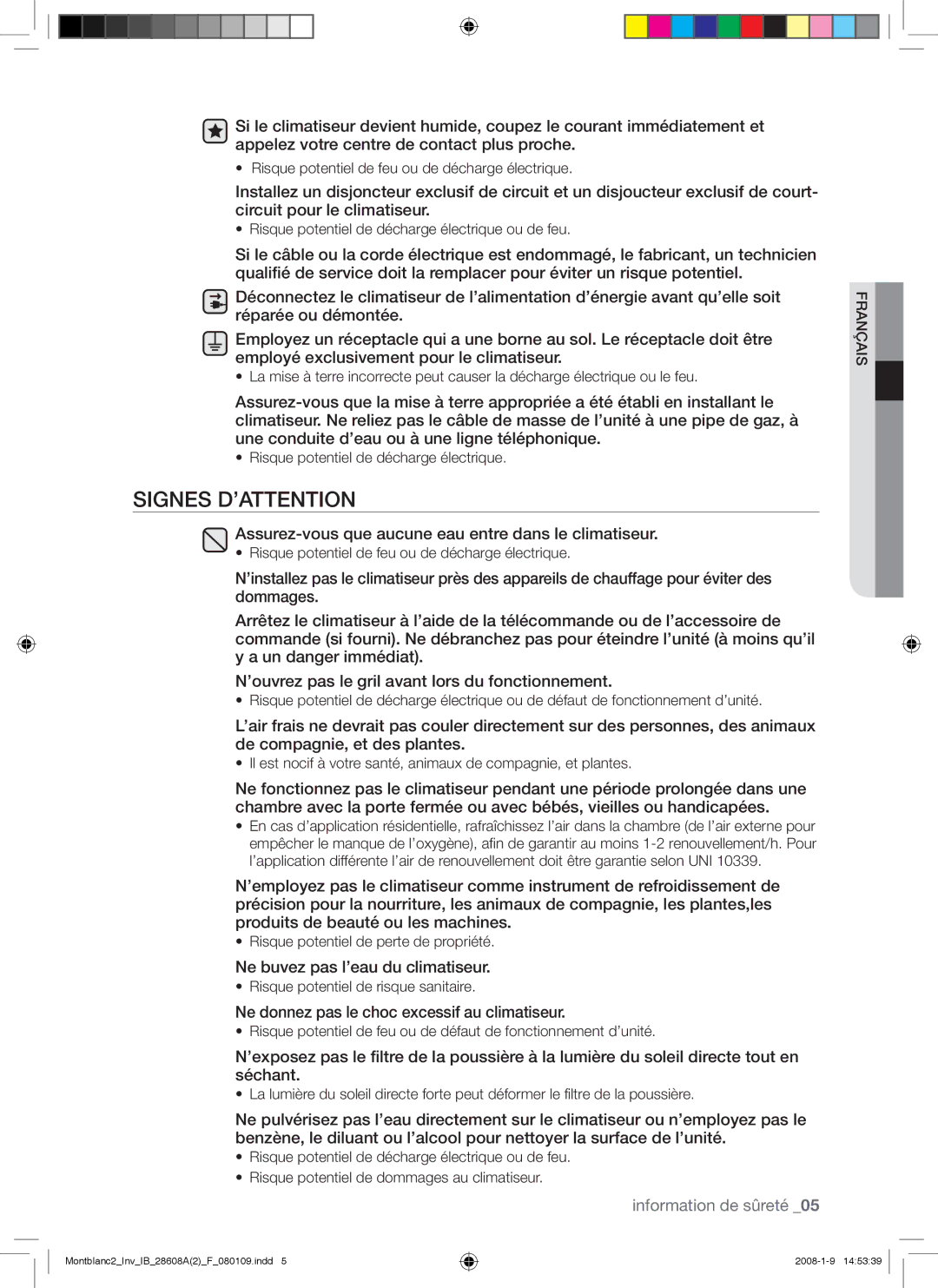 Samsung AQV24AWAN, AQV24AWAX, AQV18AWAN, AQV18AWAX manual Signes D’ATTENTION 