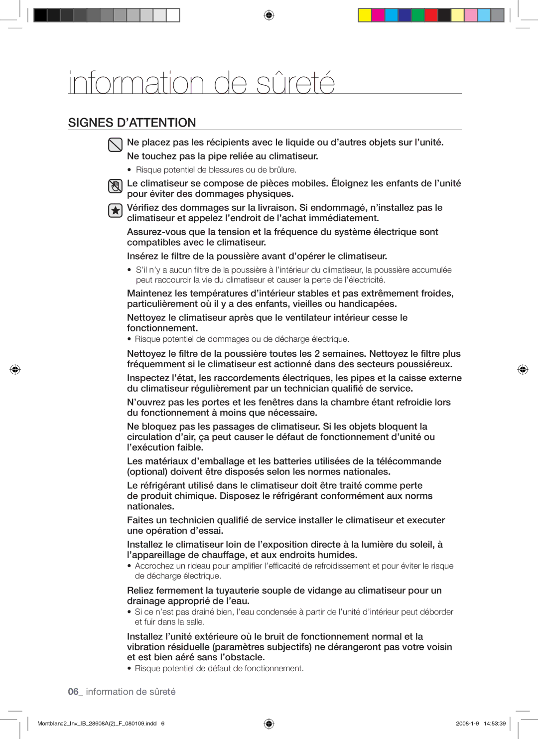 Samsung AQV24AWAX, AQV24AWAN, AQV18AWAN, AQV18AWAX manual Risque potentiel de blessures ou de brûlure 