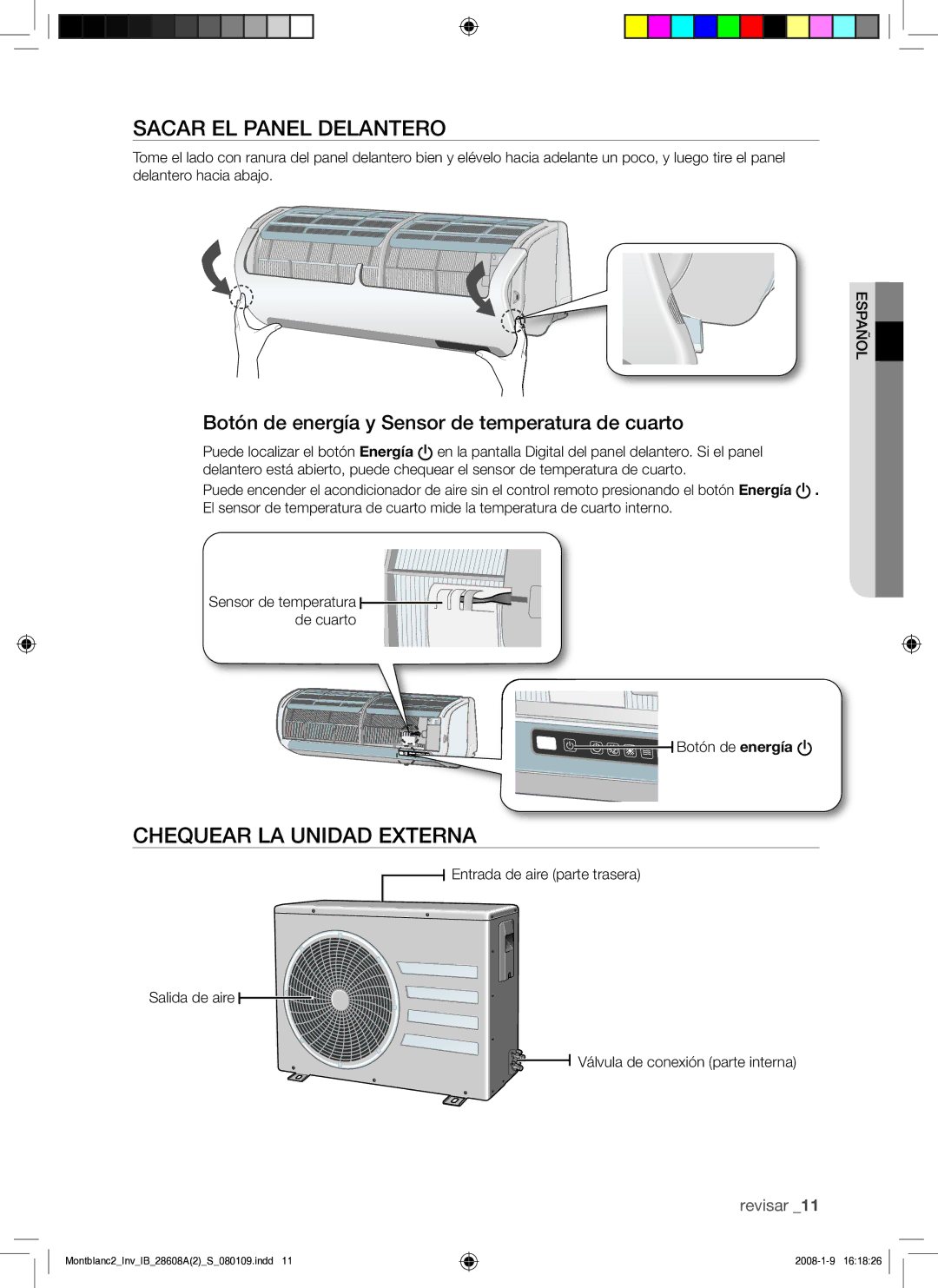 Samsung AQV18AWAN Sacar EL Panel Delantero, Chequear LA Unidad Externa, Botón de energía y Sensor de temperatura de cuarto 