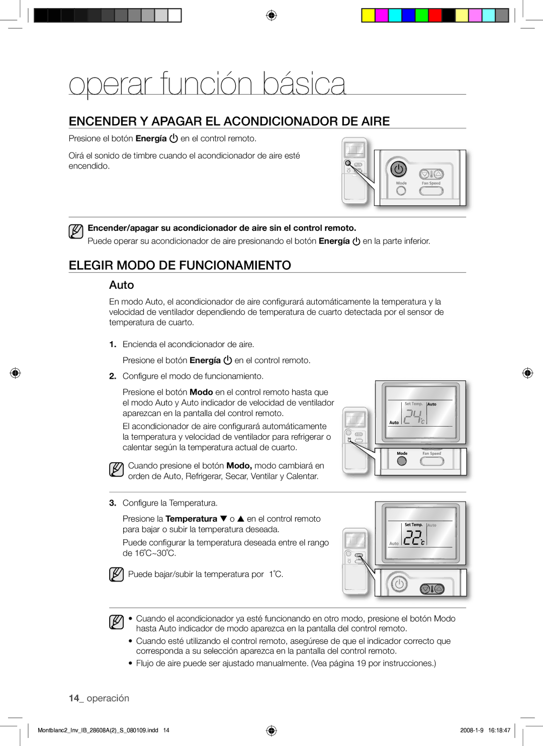 Samsung AQV24AWAX Operar función básica, Encender Y Apagar EL Acondicionador DE Aire, Elegir Modo DE Funcionamiento, Auto 