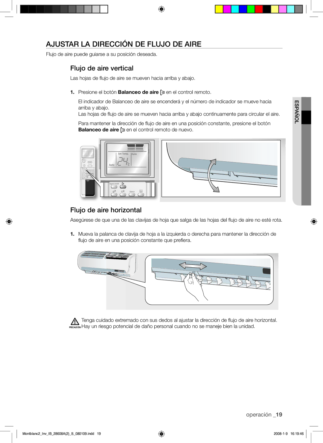 Samsung AQV18AWAN, AQV24AWAN manual Ajustar LA Dirección DE Flujo DE Aire, Flujo de aire vertical, Flujo de aire horizontal 