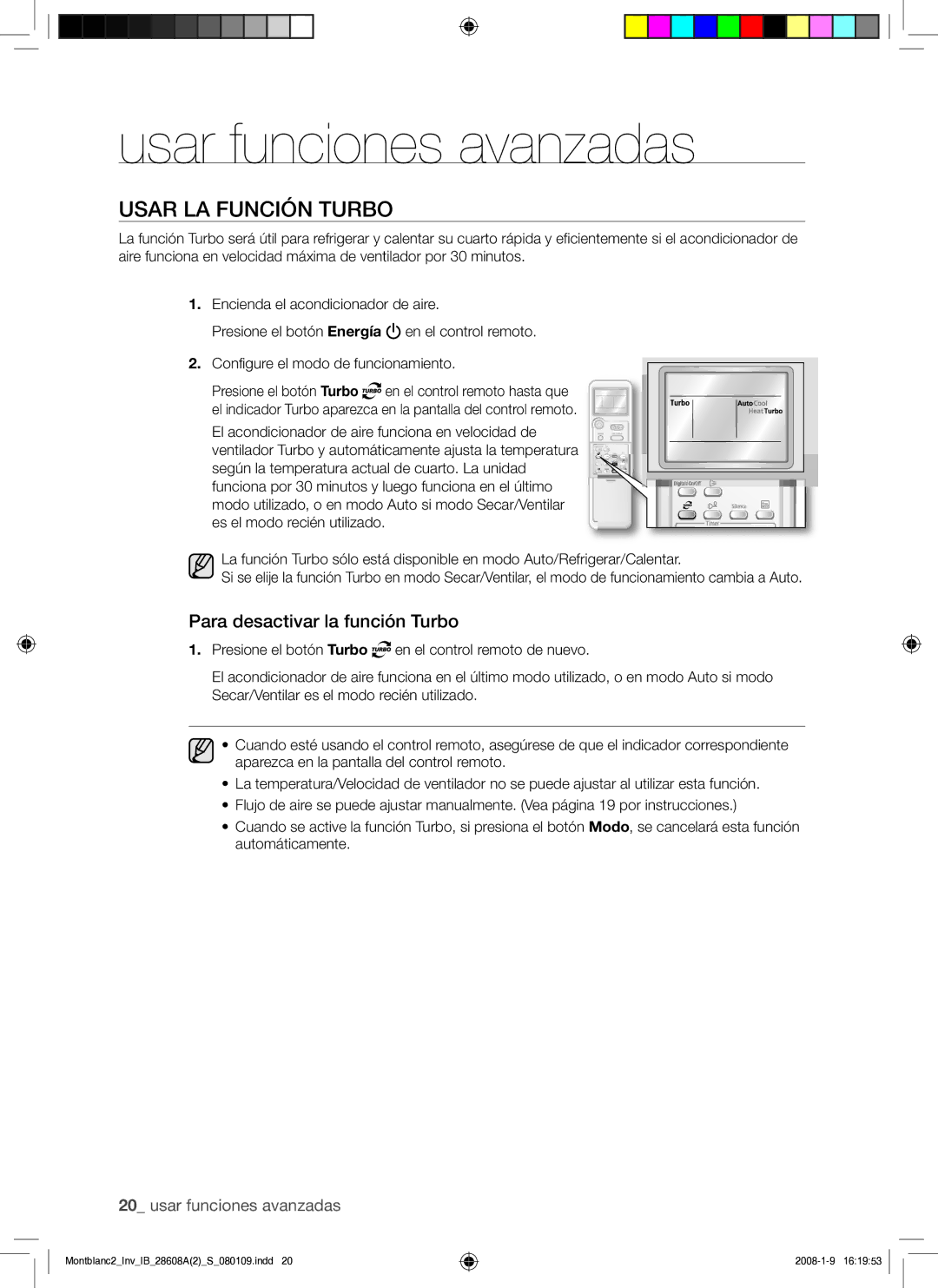 Samsung AQV18AWAX, AQV24AWAN, AQV24AWAX Usar funciones avanzadas, Usar LA Función Turbo, Para desactivar la función Turbo 