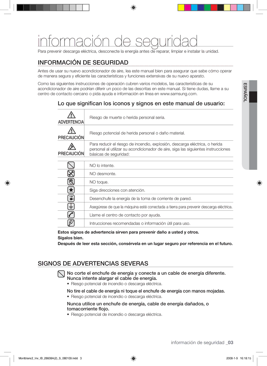 Samsung AQV18AWAN, AQV24AWAN, AQV24AWAX Información de seguridad, Información DE Seguridad, Signos DE Advertencias Severas 