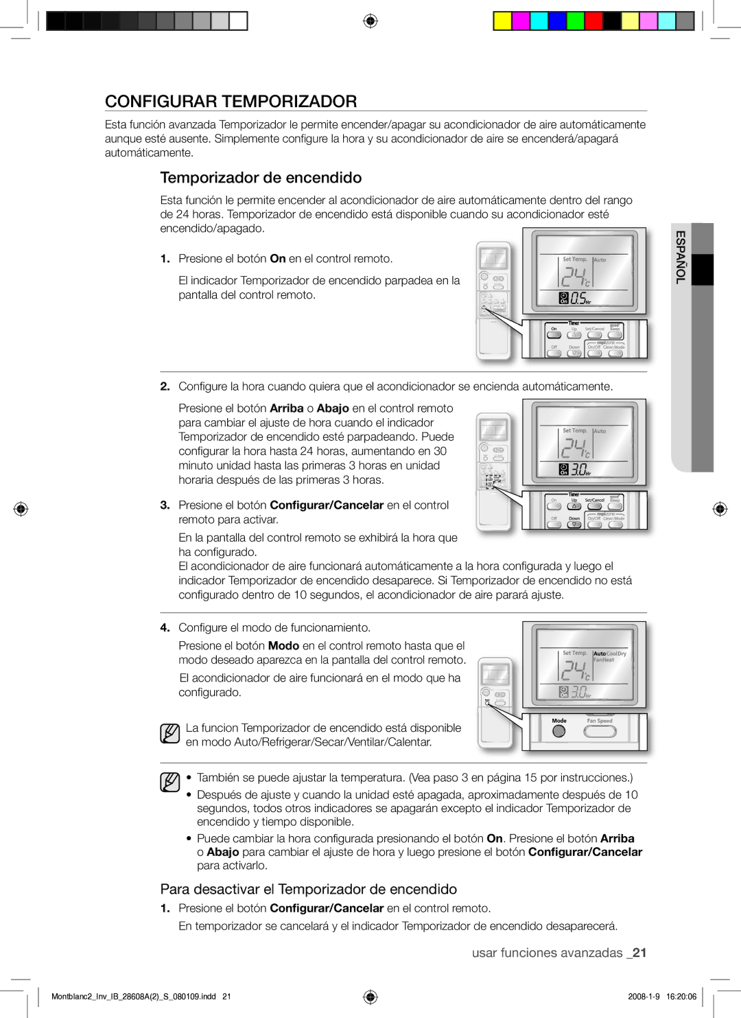 Samsung AQV24AWAN, AQV24AWAX, AQV18AWAN, AQV18AWAX Configurar Temporizador, Para desactivar el Temporizador de encendido 