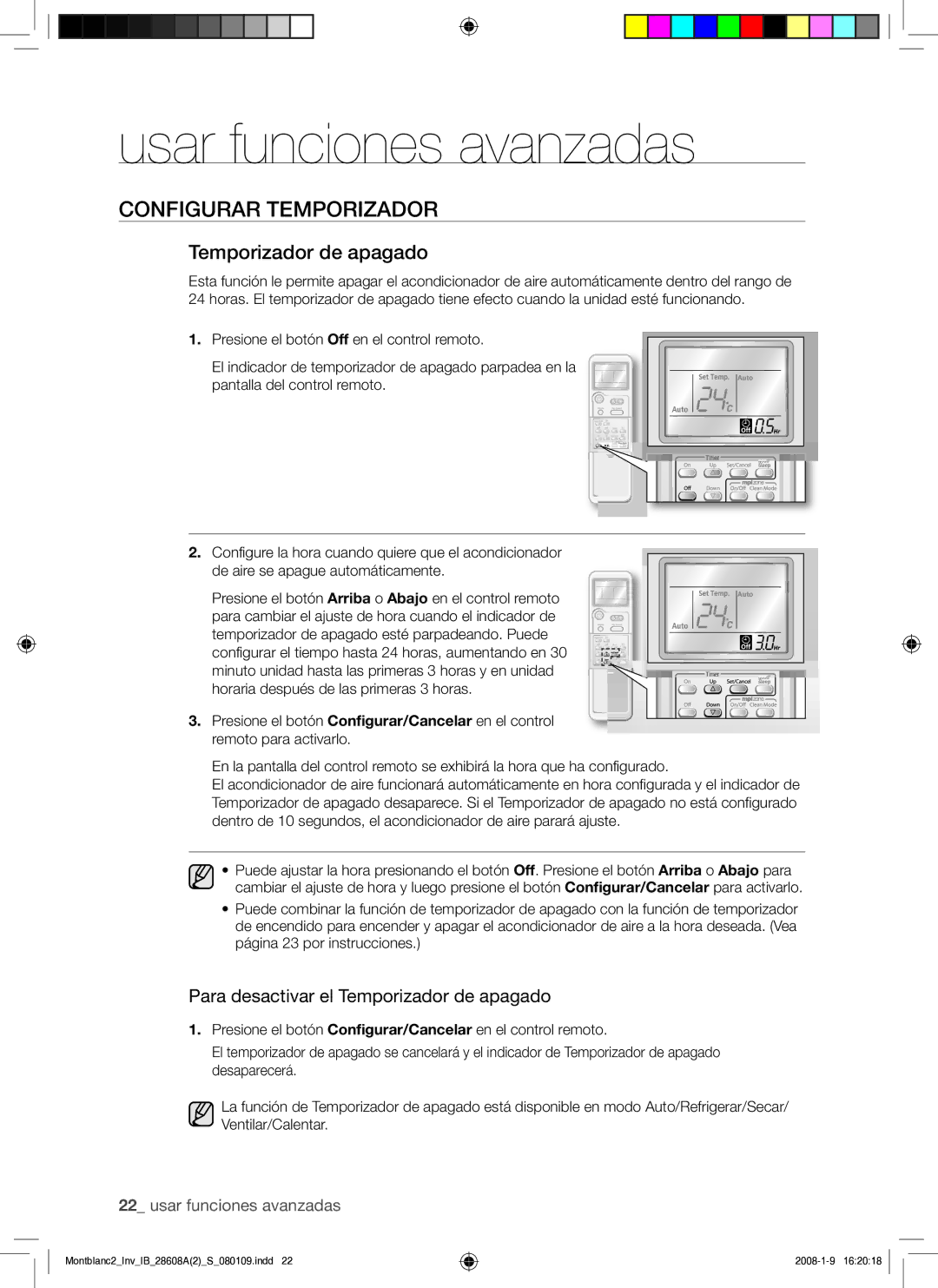 Samsung AQV24AWAX, AQV24AWAN, AQV18AWAN, AQV18AWAX manual Para desactivar el Temporizador de apagado 